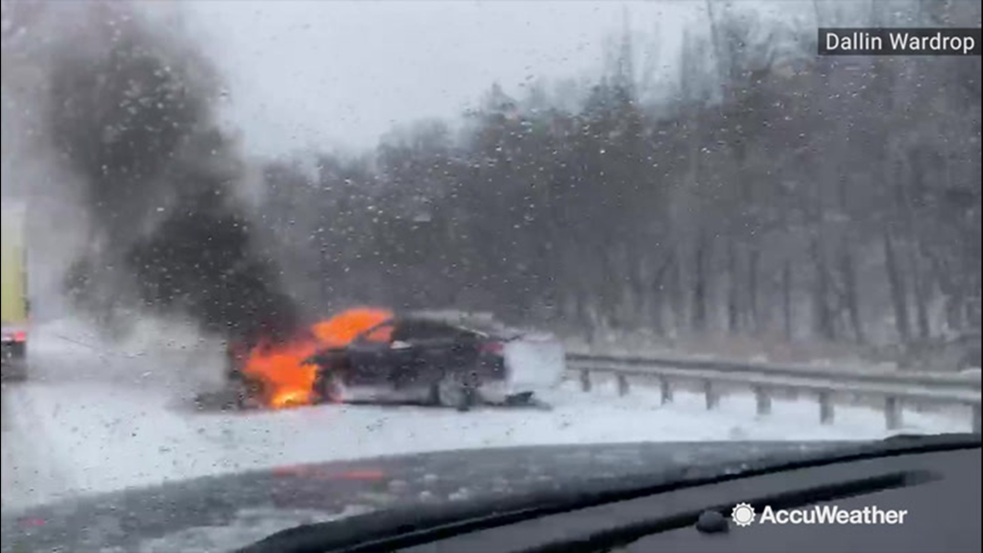 This car was spotted on fire on Interstate 80 at Pocono Township, Pennsylvania, on Dec. 18. Remember to drive safely in dangerous winter conditions.