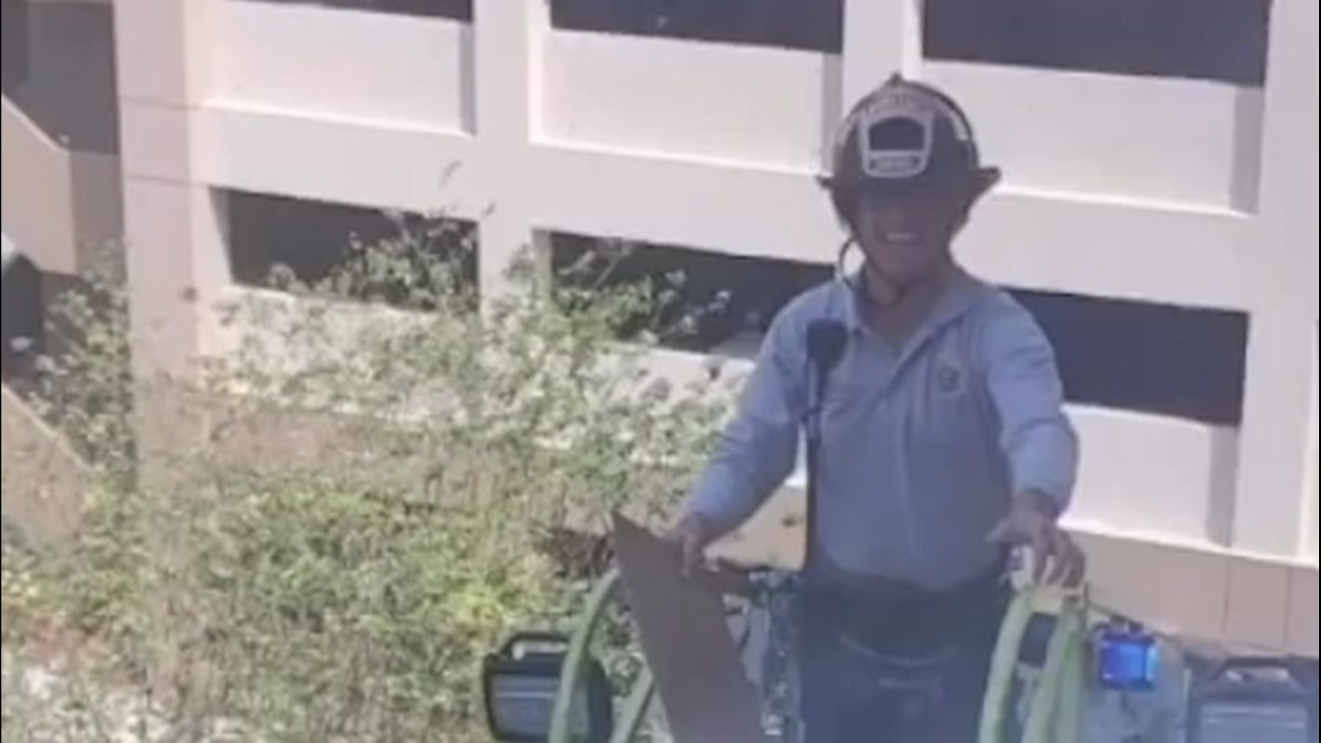 Firefighter climbs ladder to visit hospitalized colleague | cbs19.tv