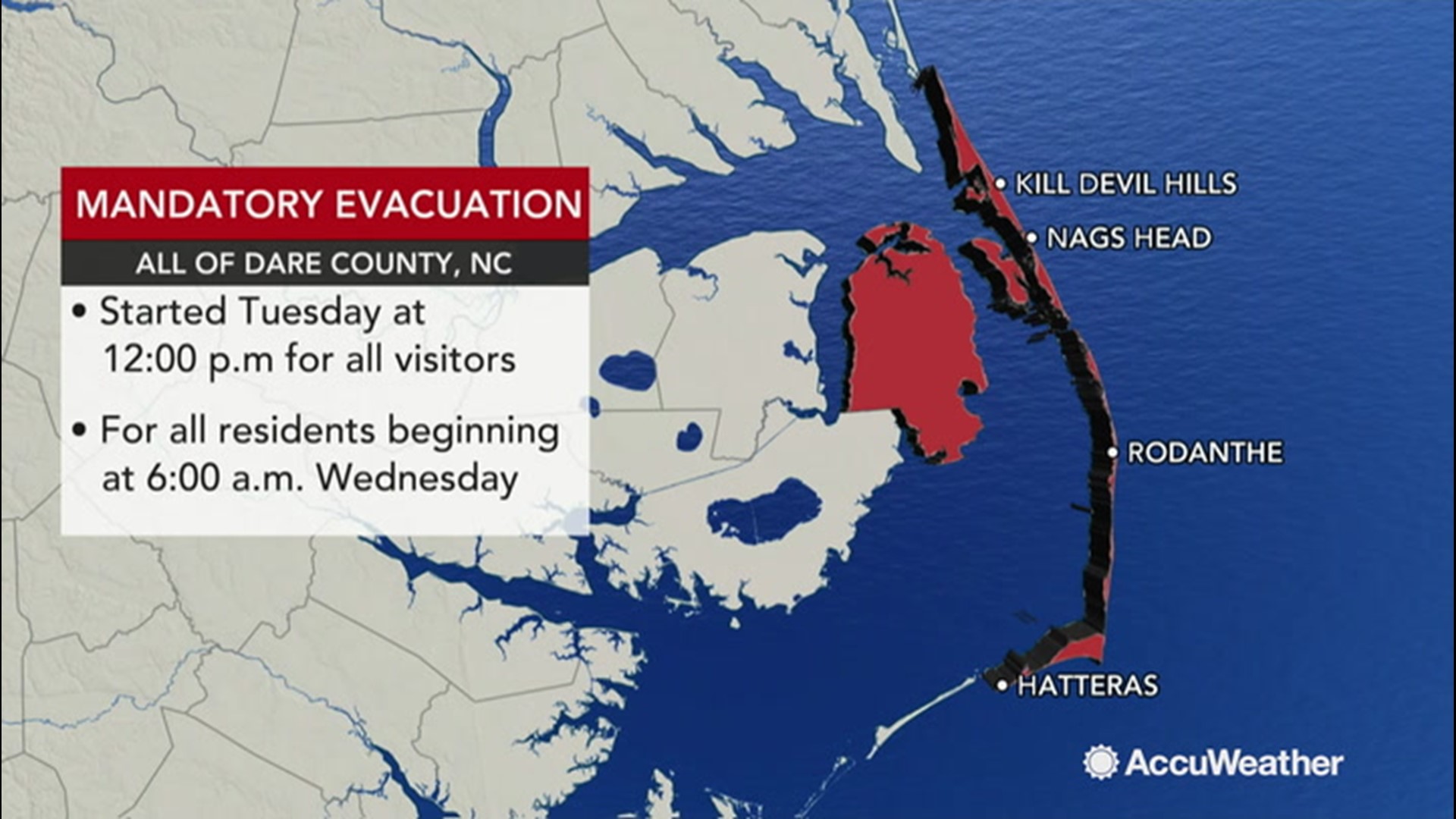 Mandatory evacuations are already in place for visitors of Dare County, North Carolina on Sept. 3. Residents are urged to evacuate on Sept. 4 in the early morning according to county officials.