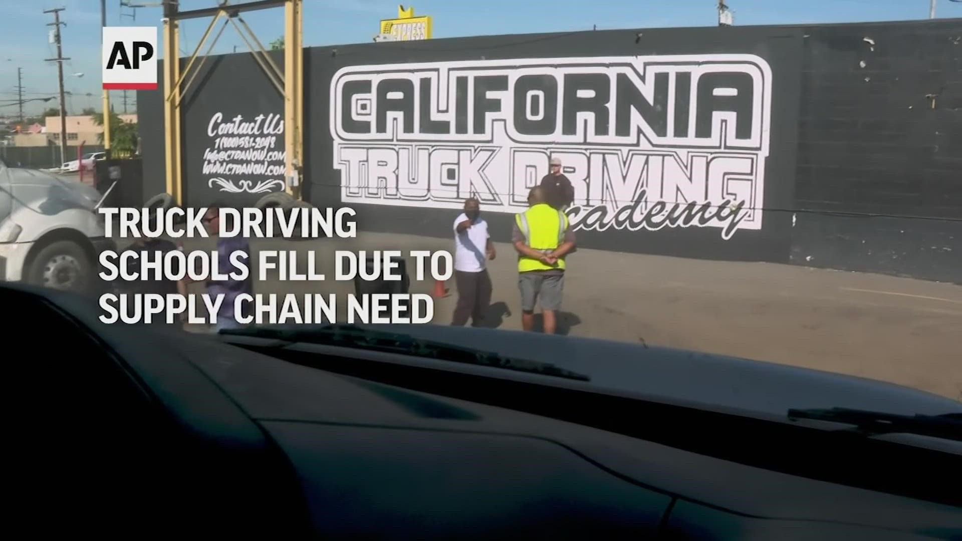 Business is booming at the California Truck Driving Academy amid a nationwide shortage of long-haul drivers, leading to promises of high pay and instant job offers.