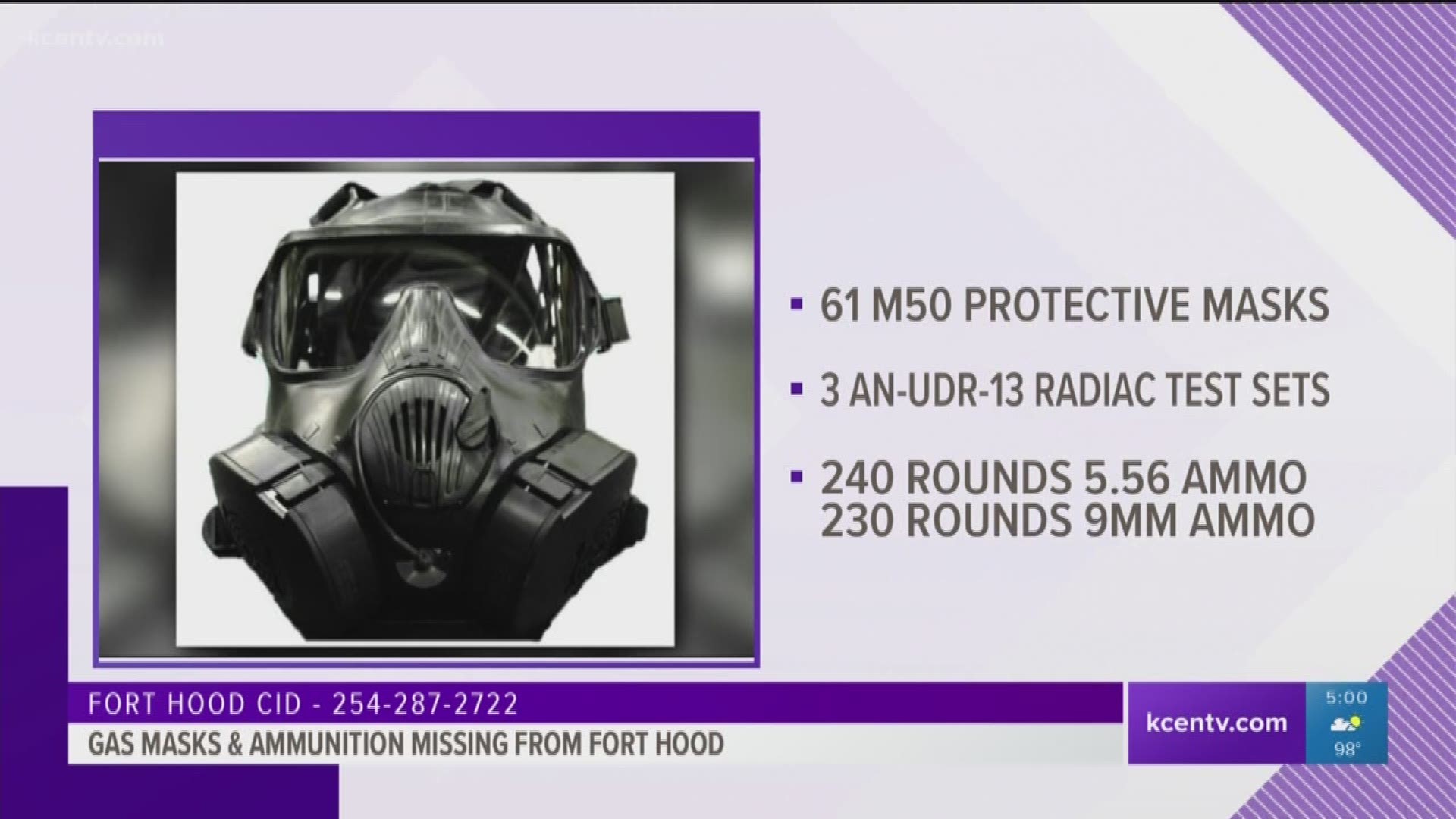More than 60 gas masks and several other items were taken from a Fort Hood supply cage and now the Army's Criminal Investigation Command is hoping a tip will help them find out where they are.