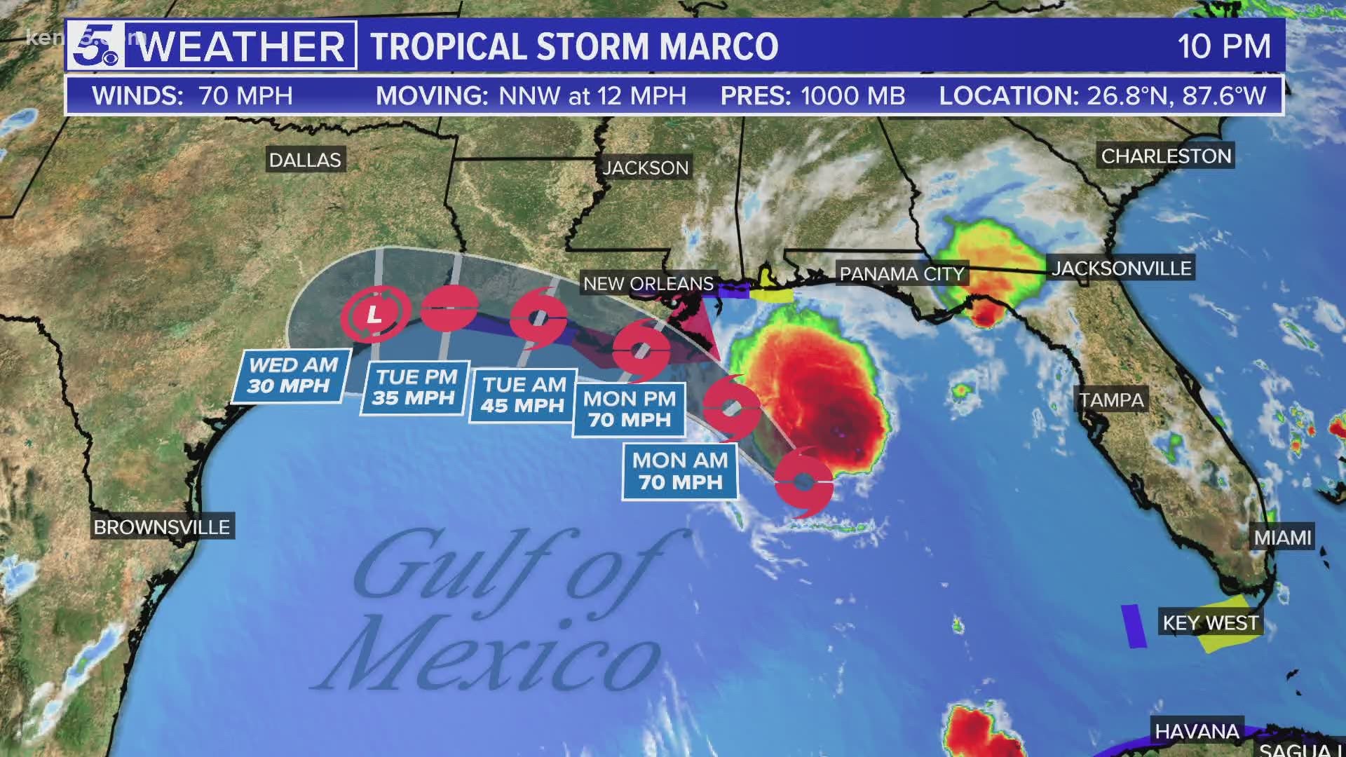 Tropical storm Marco is in the Gulf of Mexico, moving west and approaching Louisiana and east Texas. Remnants could reach San Antonio around Wednesday.