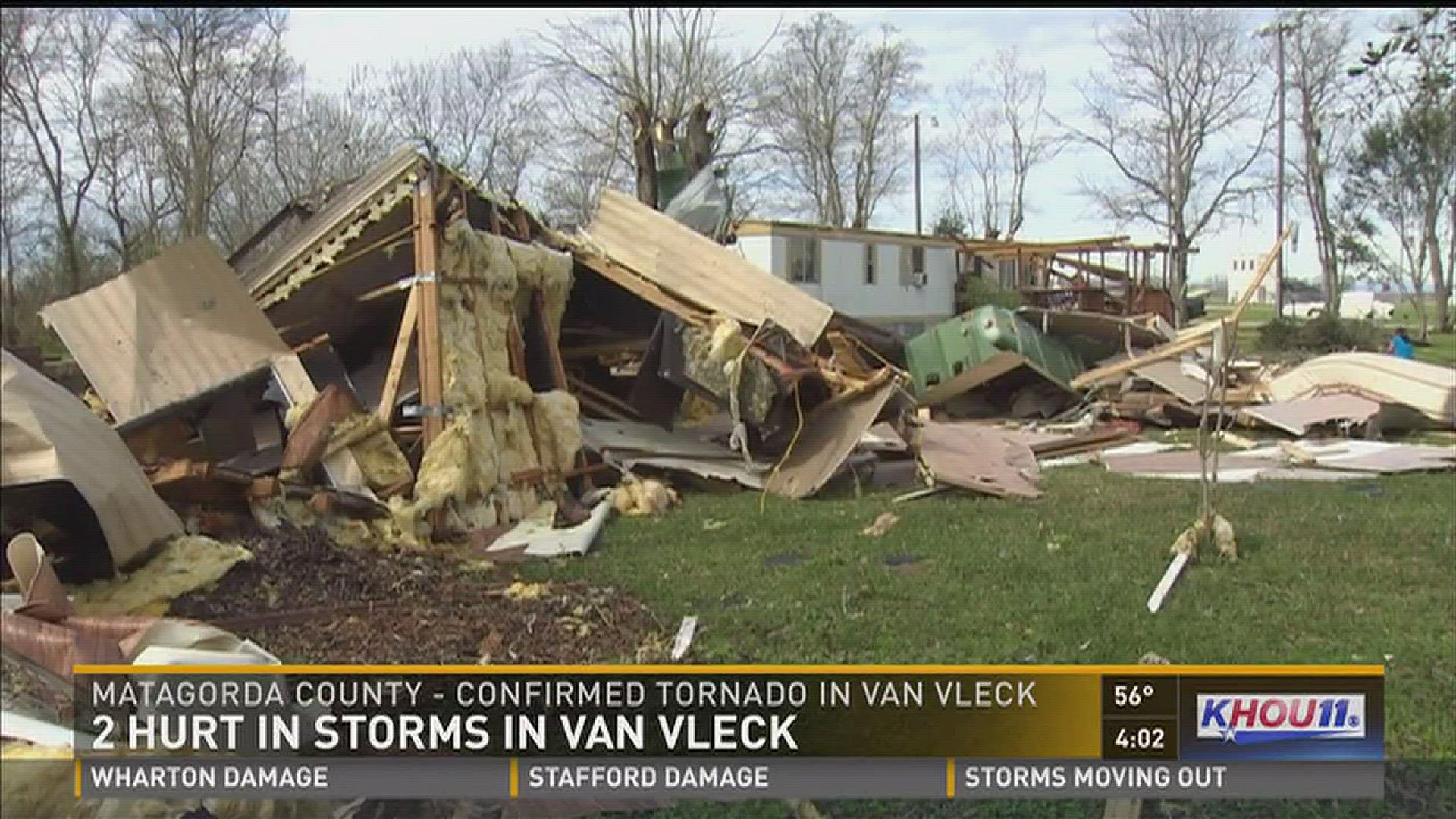 The tiny town of  Van Vleck, in Matagorda County, was among the hardest hit areas. Six people were hurt  when an EF-1 tornado touched down, according to the National Weather Service.