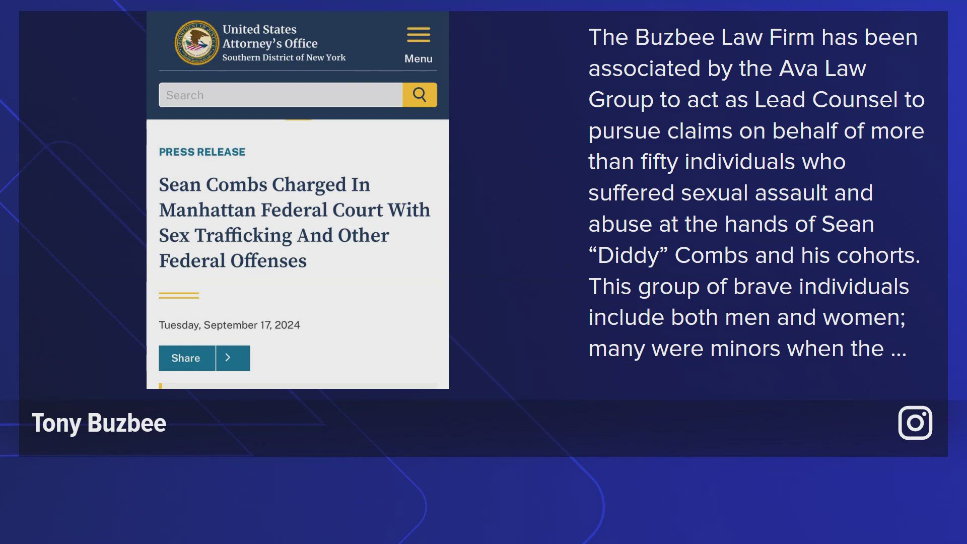 Tony Buzbee said his law firm will act as the lead counsel and represent more than 50 people who are suing Sean 'Diddy' Combs.