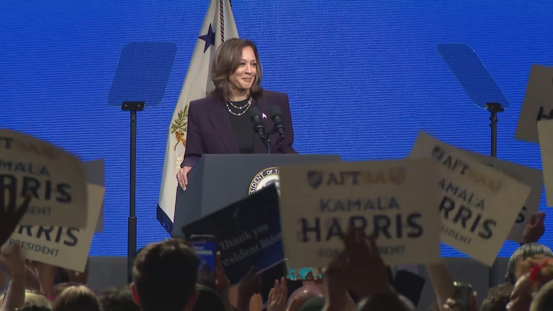 Vice President Kamala Harris gave the keynote speak at the AFT Convention in Houston on Thursday, drawing supporters and protestors to the GRB.