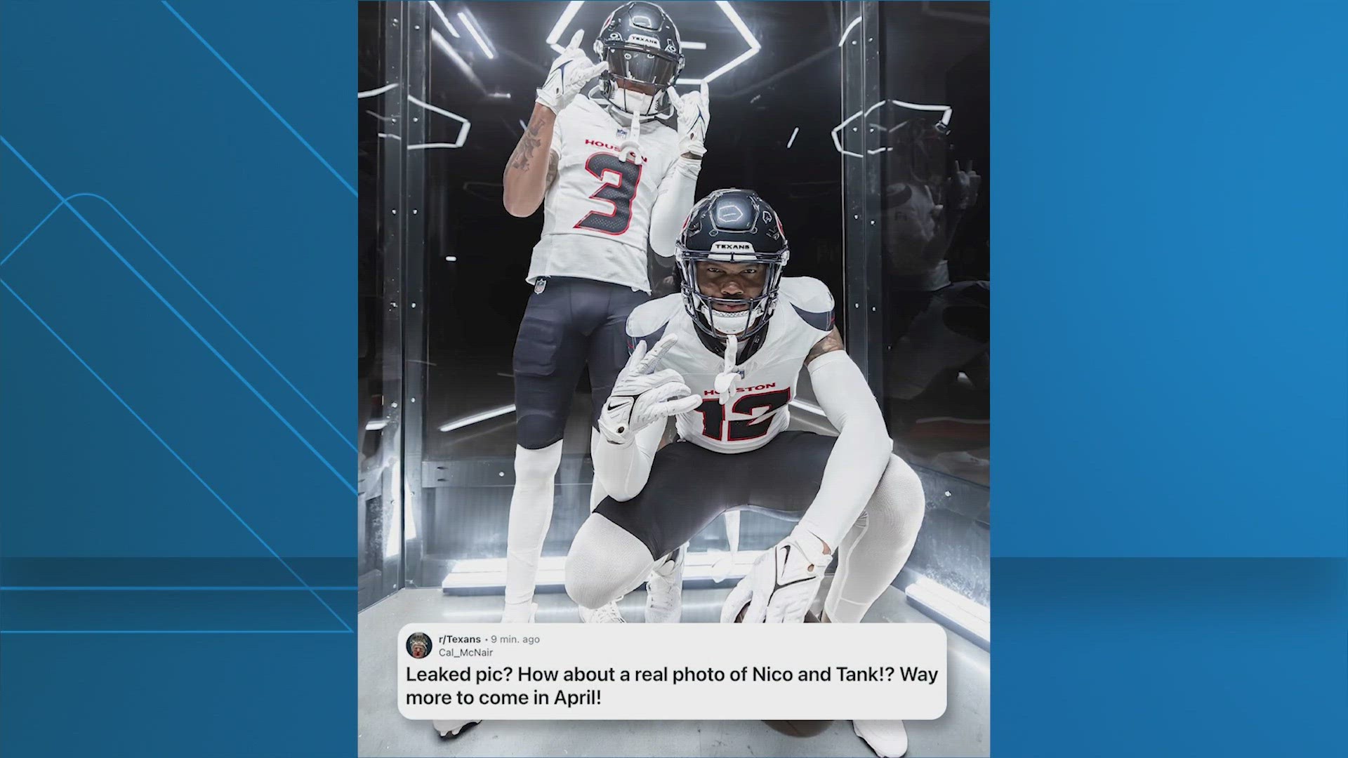 Team chairman and CEO, Cal McNair, posted a photo to Reddit showing Tank Dell and Nico Collins wearing the new jersey design.