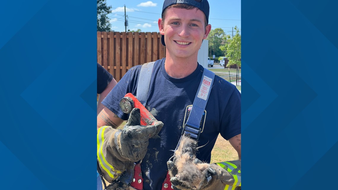 Firefighter rescues kitten from drain pipe