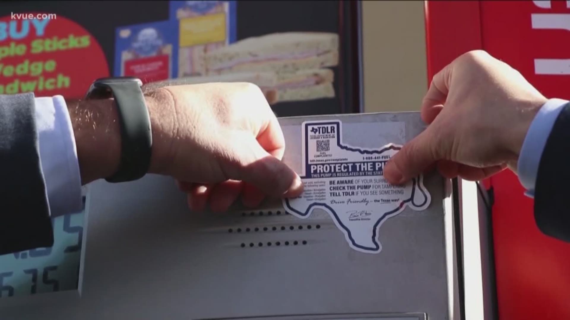 Shaped in the state of Texas, the stickers show you how to file a complaint about fuel quality, price or possible skimmers.