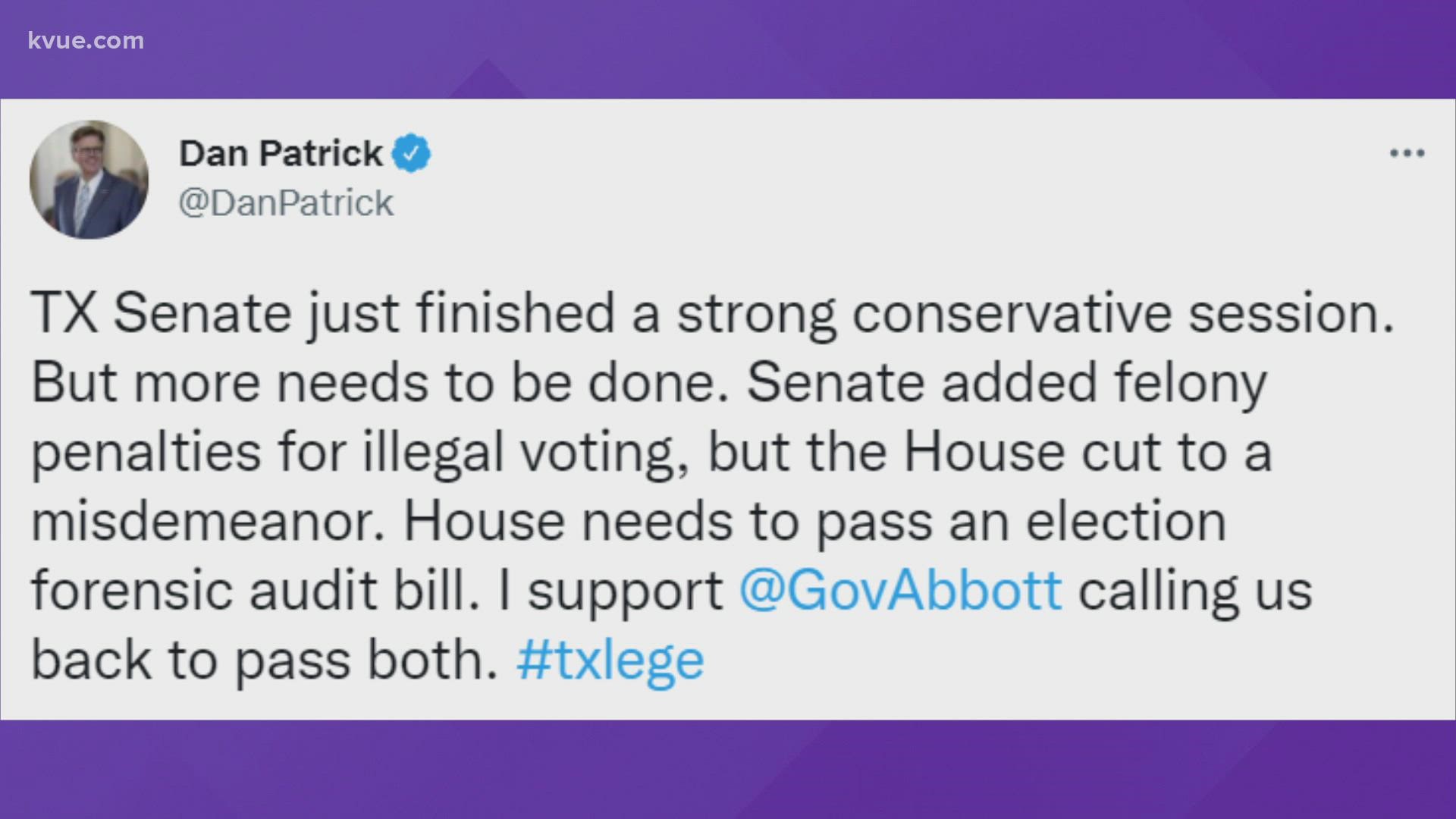 Gov. Greg Abbott's office responded to Patrick in a statement saying there is no need for another special session at this time.