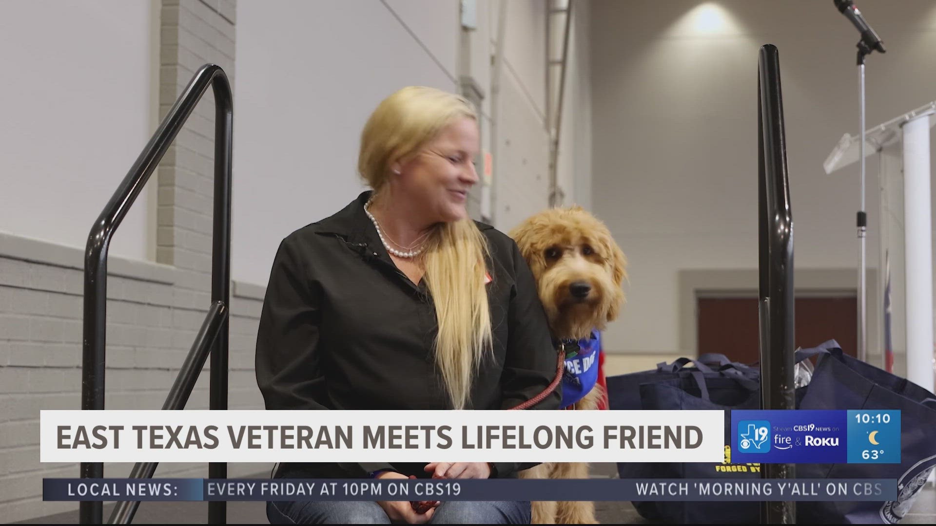 The service dog is trained to ease Aparicio's anxiety by placing his head onto her lap.