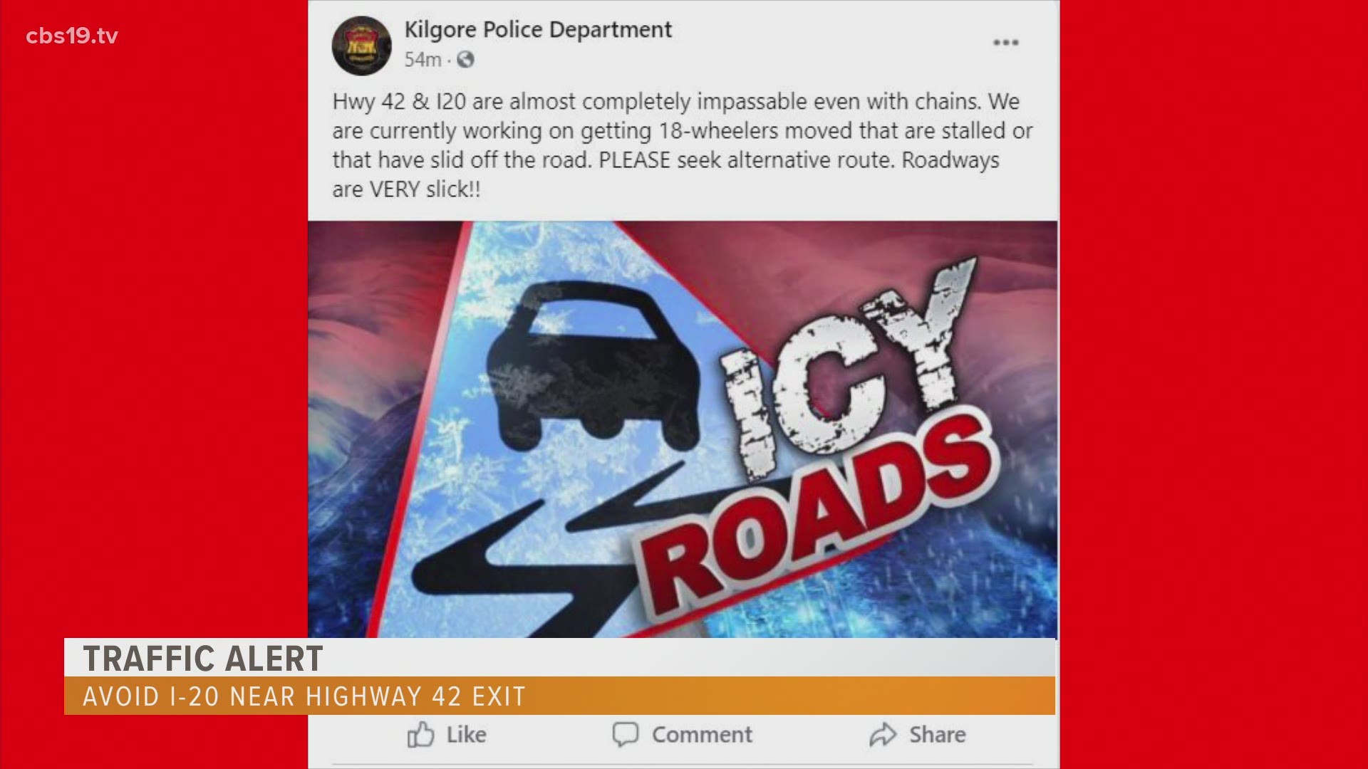 According to the KPD, the area around the Highway 42 exit on I-20 are "almost completely impassable even with chains."