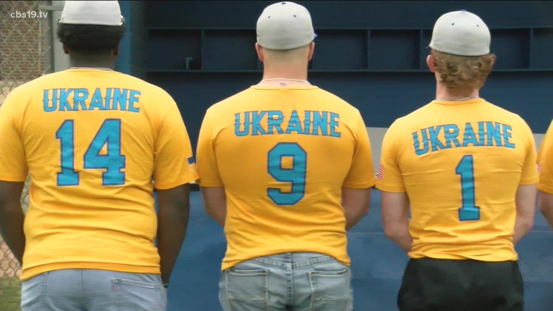 The Jacksonville Indian baseball team is honoring Ukraine with wearing it's name on their backs during competition.