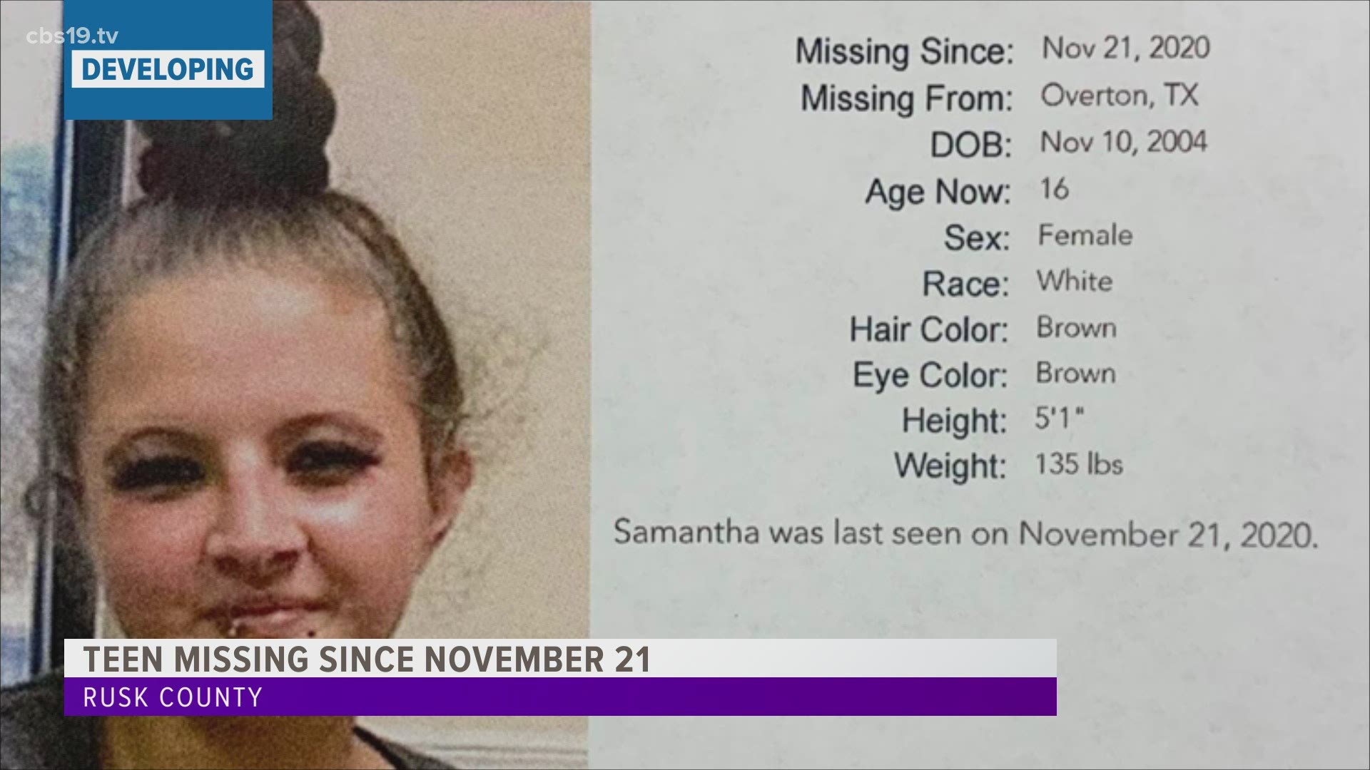 Samantha Williams, 16, was last seen in the Overton area.
