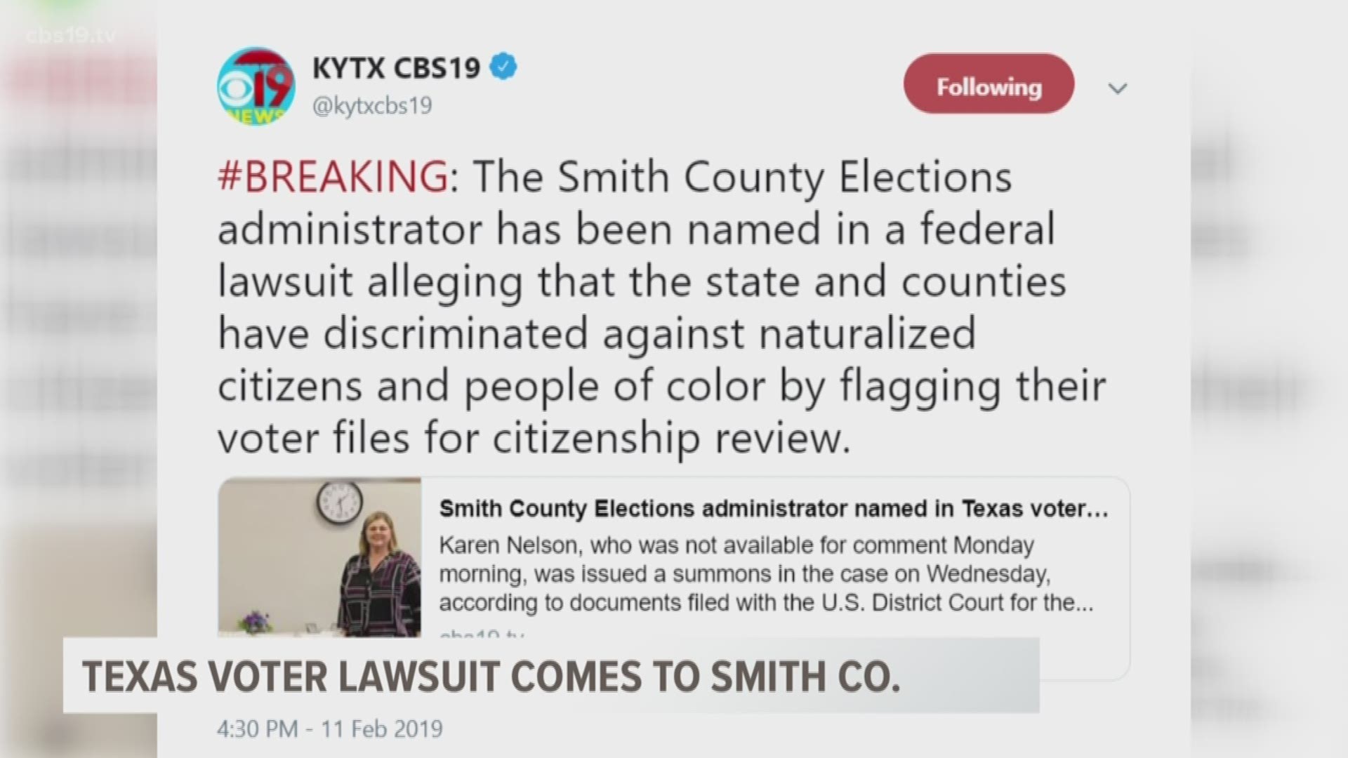 Smith County Elections administrator Karen Nelson has been named in a federal lawsuit alleging that the state and counties have discriminated against naturalized citizens and people of color by flagging their voter files for citizenship review.