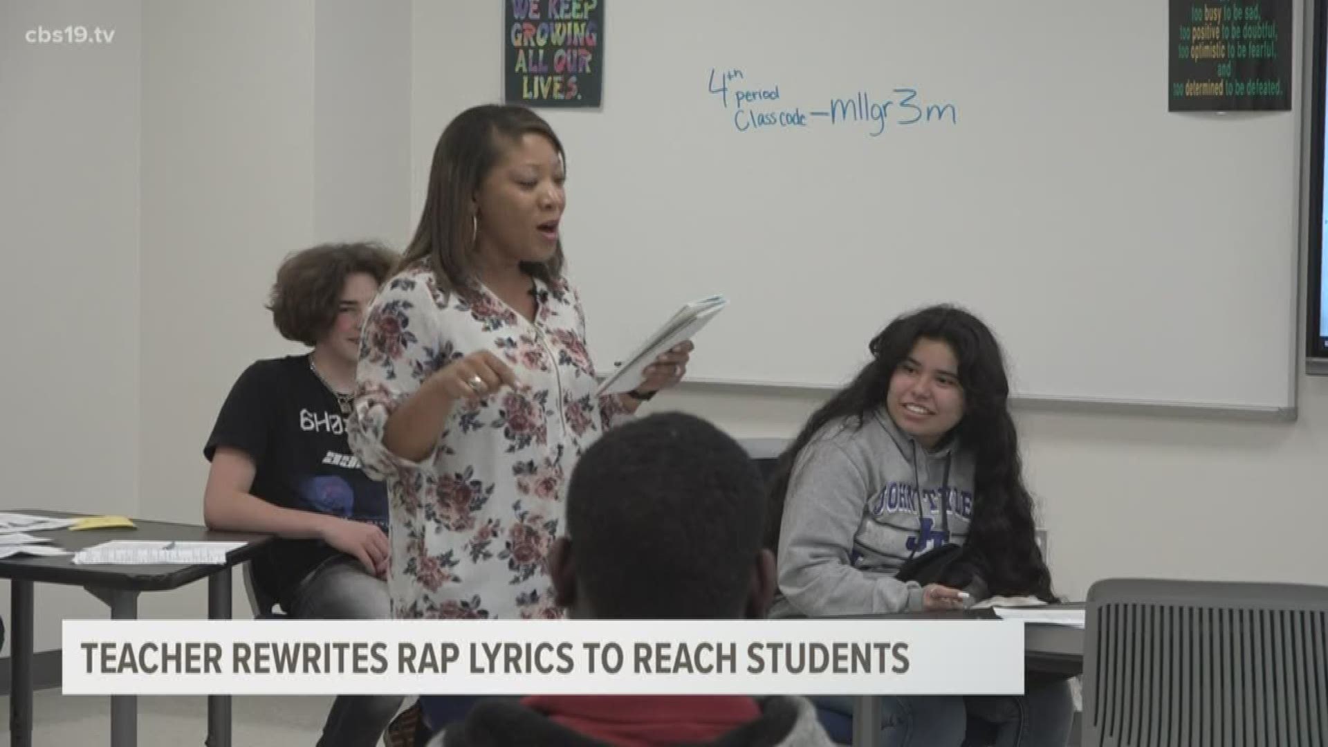 A John Tyler English and choir teacher is rewriting rap lyrics she hears her students sing to inspire them to learn.