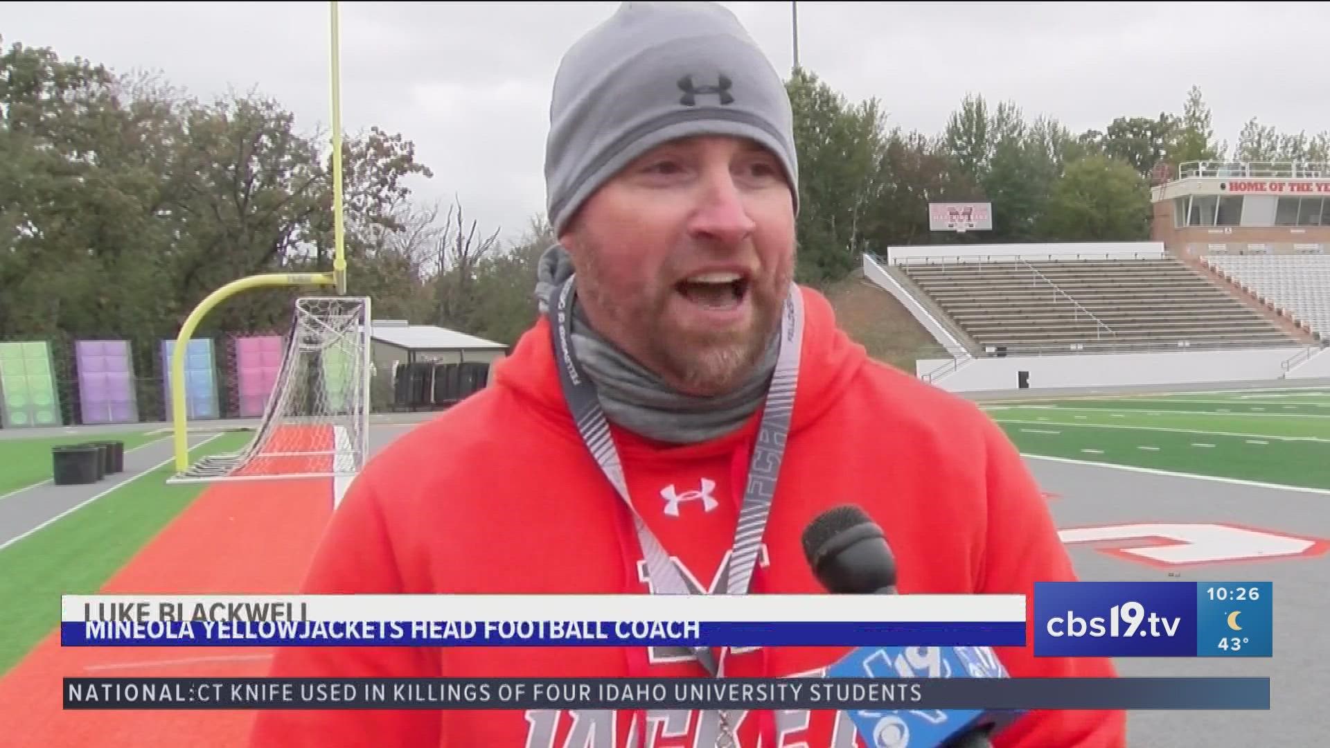 After pulling off the upset in the bi-district round of playoffs, Coach Luke Blackwell with the Mineola Yellow Jackets has earned Coach of the Week.