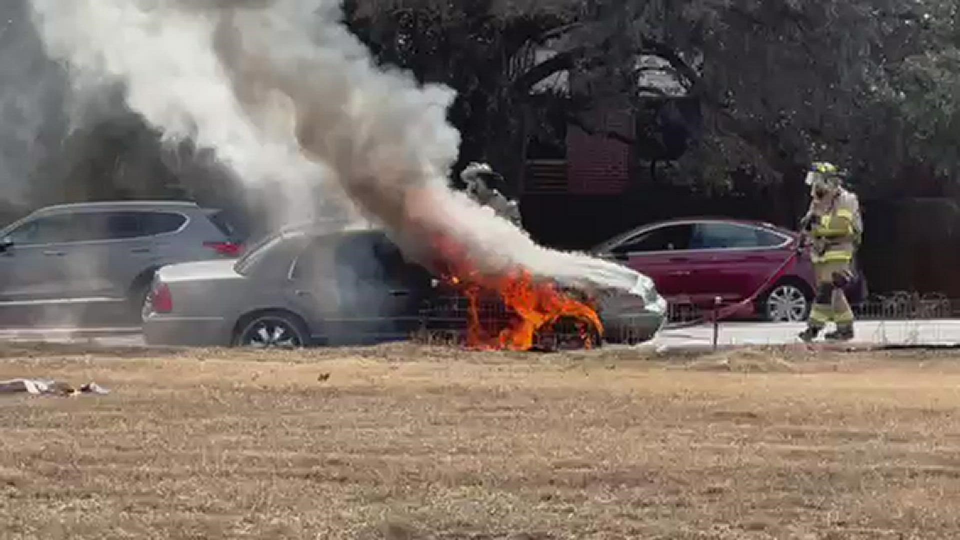 Firefighters battle car fire on Rice Road in Tyler
