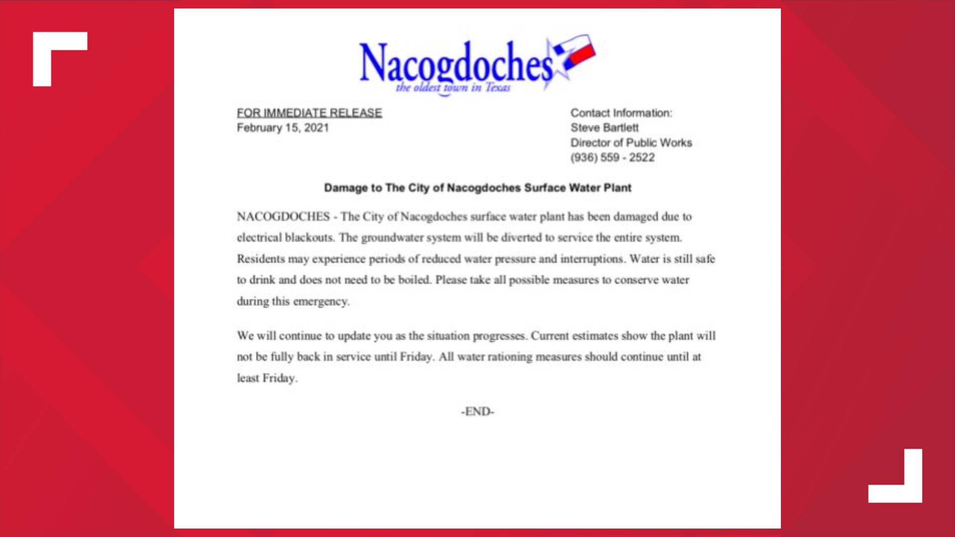 Surface water plant in Nacogdoches damaged due to electrical blackout
