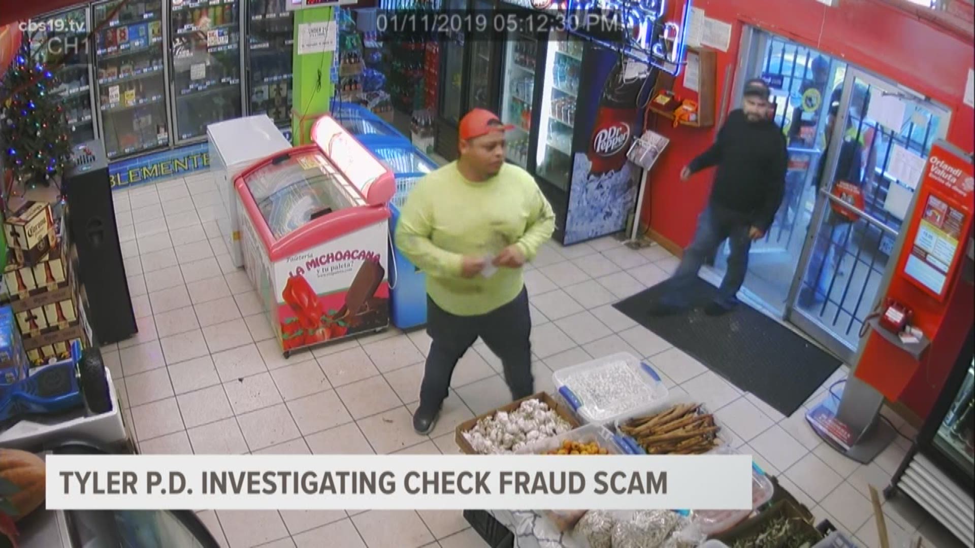 CBS19's Tim Wolf obtained this security camera video from the El Puente Market in Tyler, where they were able to avoid falling prey to a check fraud scam.