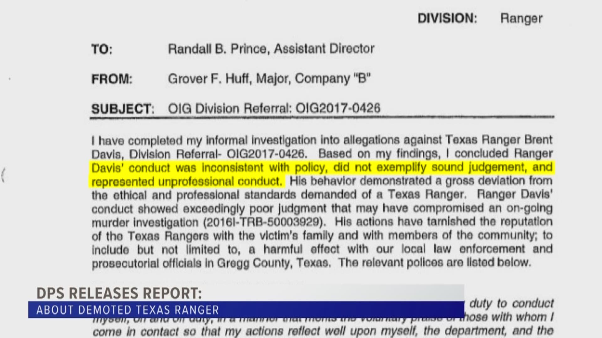 The Texas Department of Public Safety released internal records about the demotion of former Texas Ranger Brent Davis of Tyler, who was an investigator for the 2016 unsolved murder of Longview businessman Ronald Horaney.