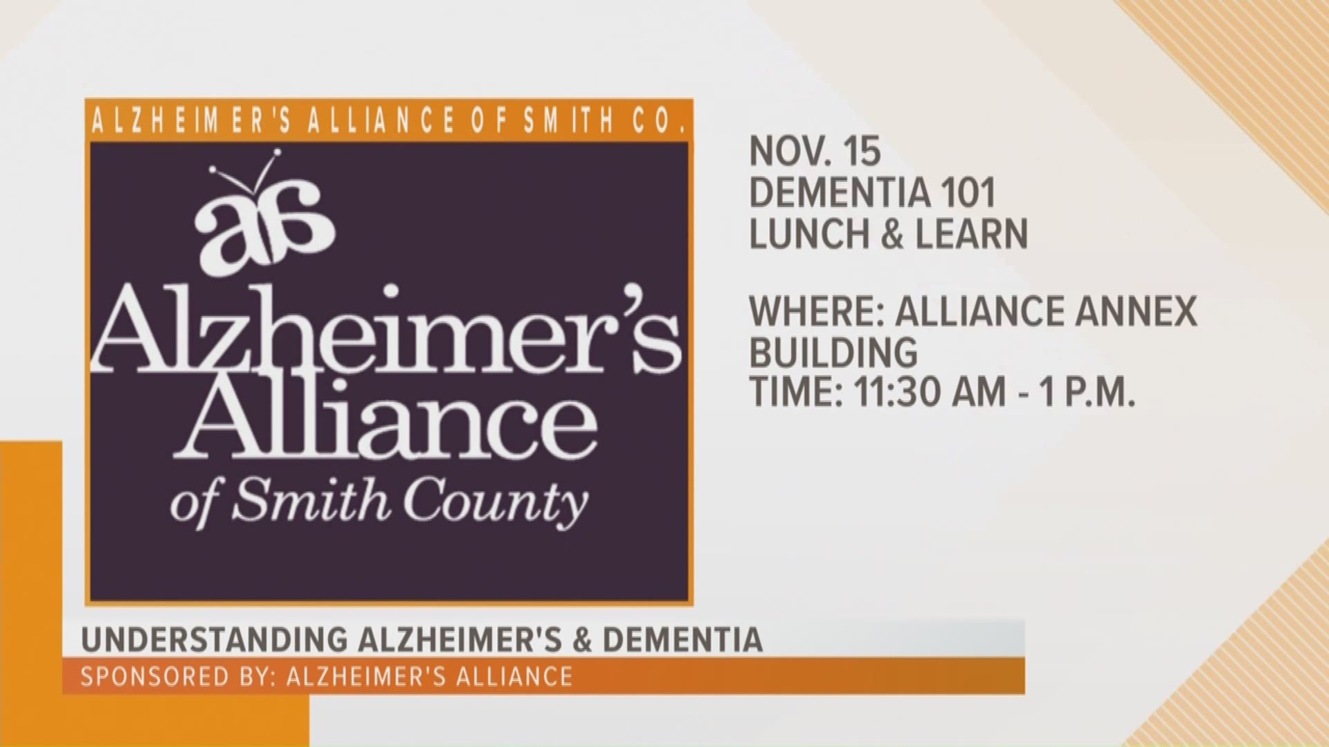November is National Alzheimer's Awareness Month. The Alzheimer's Alliance of Smith County is hosting workshops throughout the month on understanding Alzheimer's.