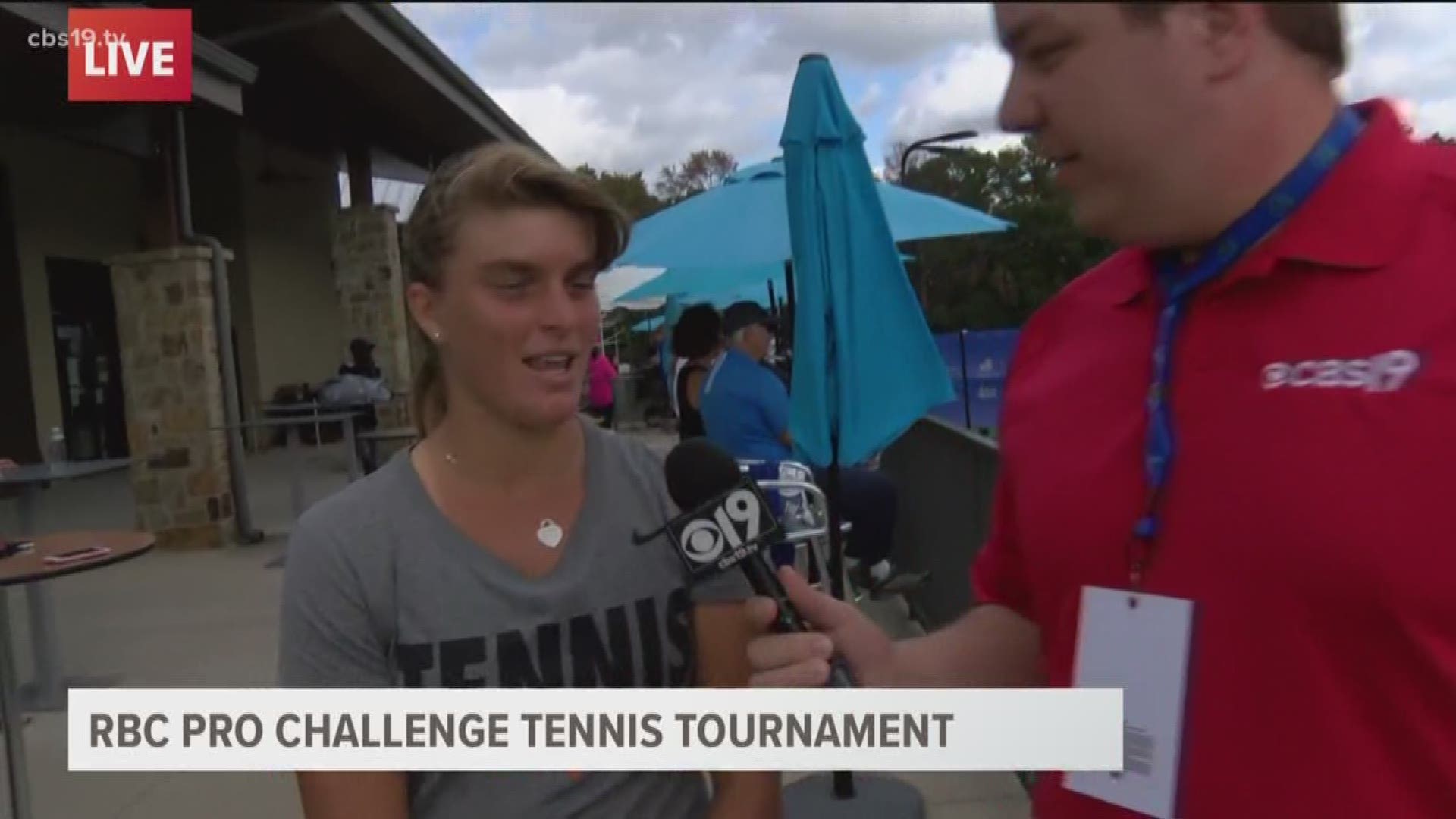 Meteorologist Michael Behrens Interviews Bianca Turati Tuesday during the Noon Show at the RBC Pro Challenge Tennis Tournament.