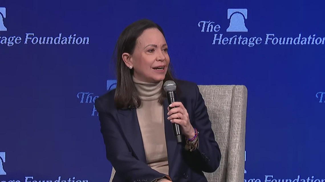 Venezuelan leader María Corina Machado delivers remarks after meeting with President Trump