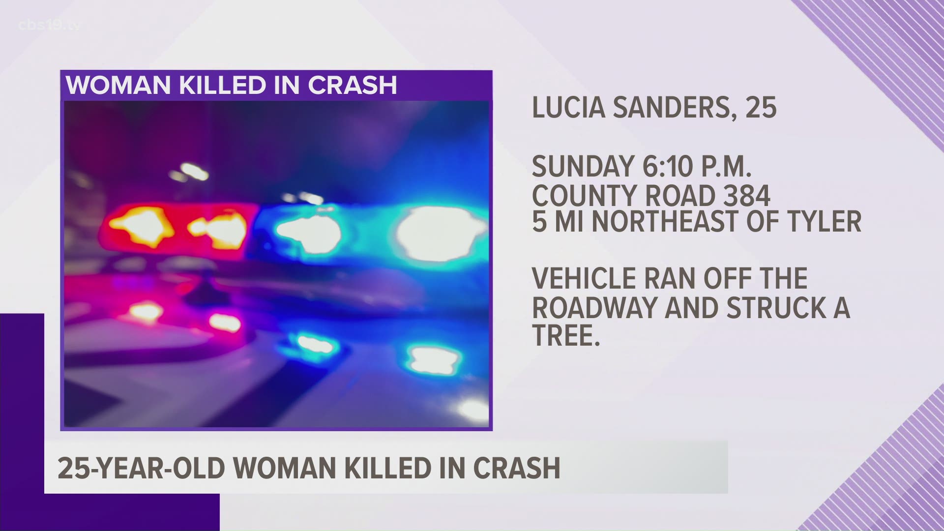 A Tyler woman is dead following a one-vehicle crash Sunday evening in Smith County.