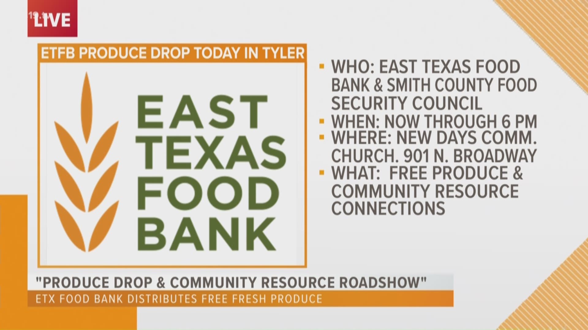 The East Texas Food Bank will be distributing free, fresh produce during the Smith County Food Security Council’s “Produce Drop and Community Resource Roadshow”.  In addition to the free produce, families are invited to connect with local service providers such as : WIC, Texas Workforce Commission, Amerigroup, Health and Human Services, Goodwill, UT Health Science Center at Tyler and more. The event is today, and lasts until 6 pm.