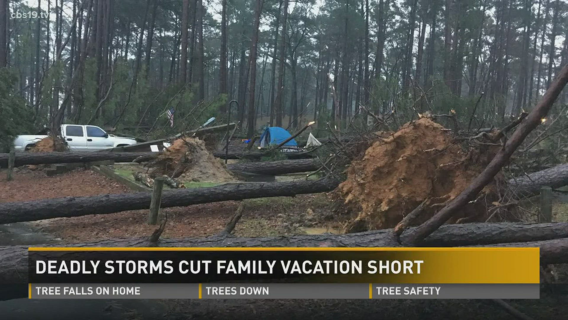 An annual family camping trip was cut short due to deadly storms that hit East Texas Saturday night.
