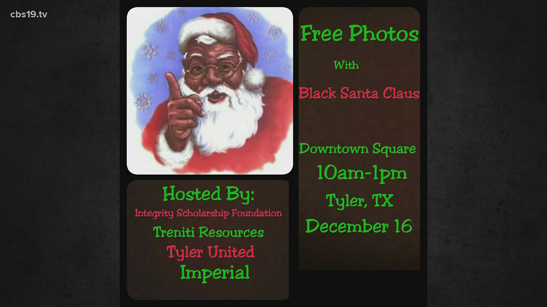 Families will have the opportunity to be photographed with Black Santa Claus, downtown on the square Saturday from 11a.m.-2p.m.There will be no charge for the pictures, and everyone is invited