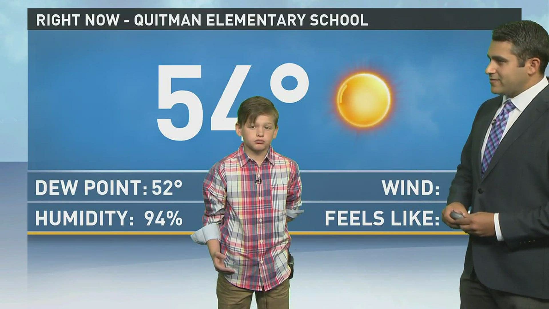 Ben Barnett, a fifth grader at Quitman Elementary, helped Alberto Romero give this morning's forecast.