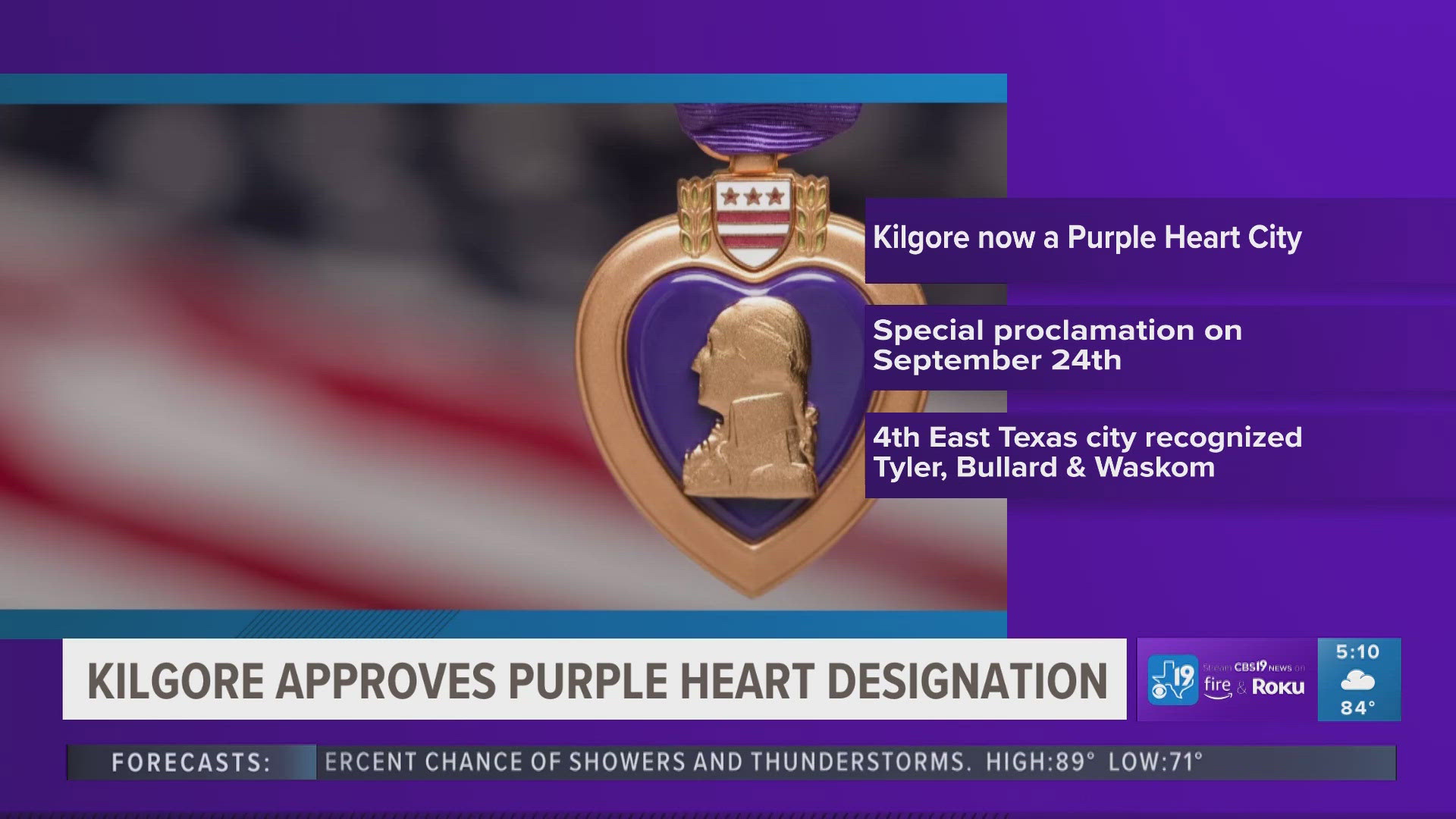 Former City Manager Josh Selleck said signs bearing the Purple Heart City designation will be ordered and put up in several locations around town.