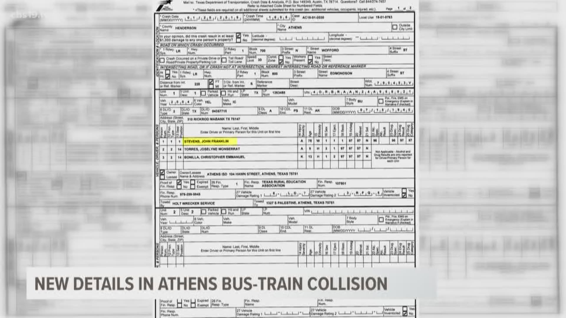 A crash report from Athens police says the driver of an Athens ISD bus did stop at a railroad crossing, as required by state law, before the bus was hit by a train.