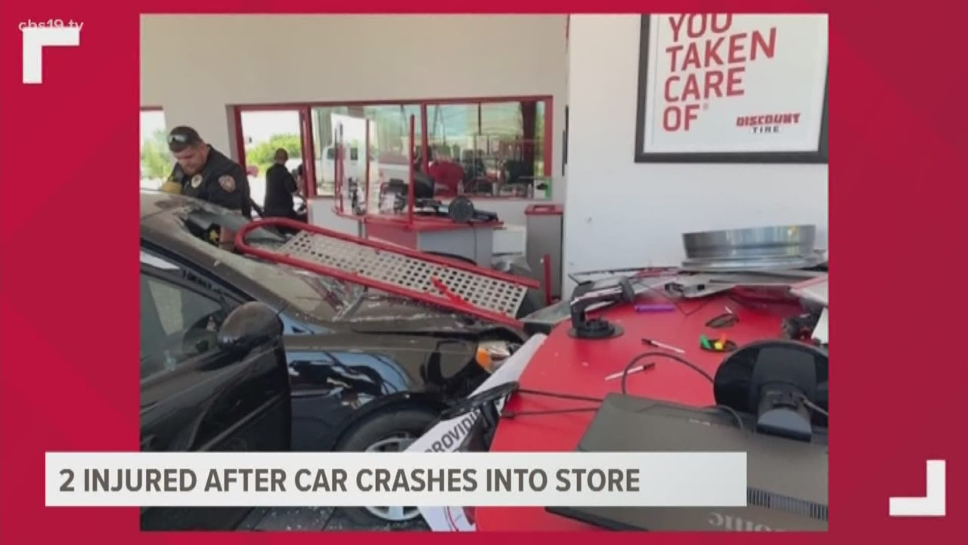 Two people were sent to the hospital after a vehicle crashed into the lobby of Discount Tire in Gun Barrel City on Monday afternoon.