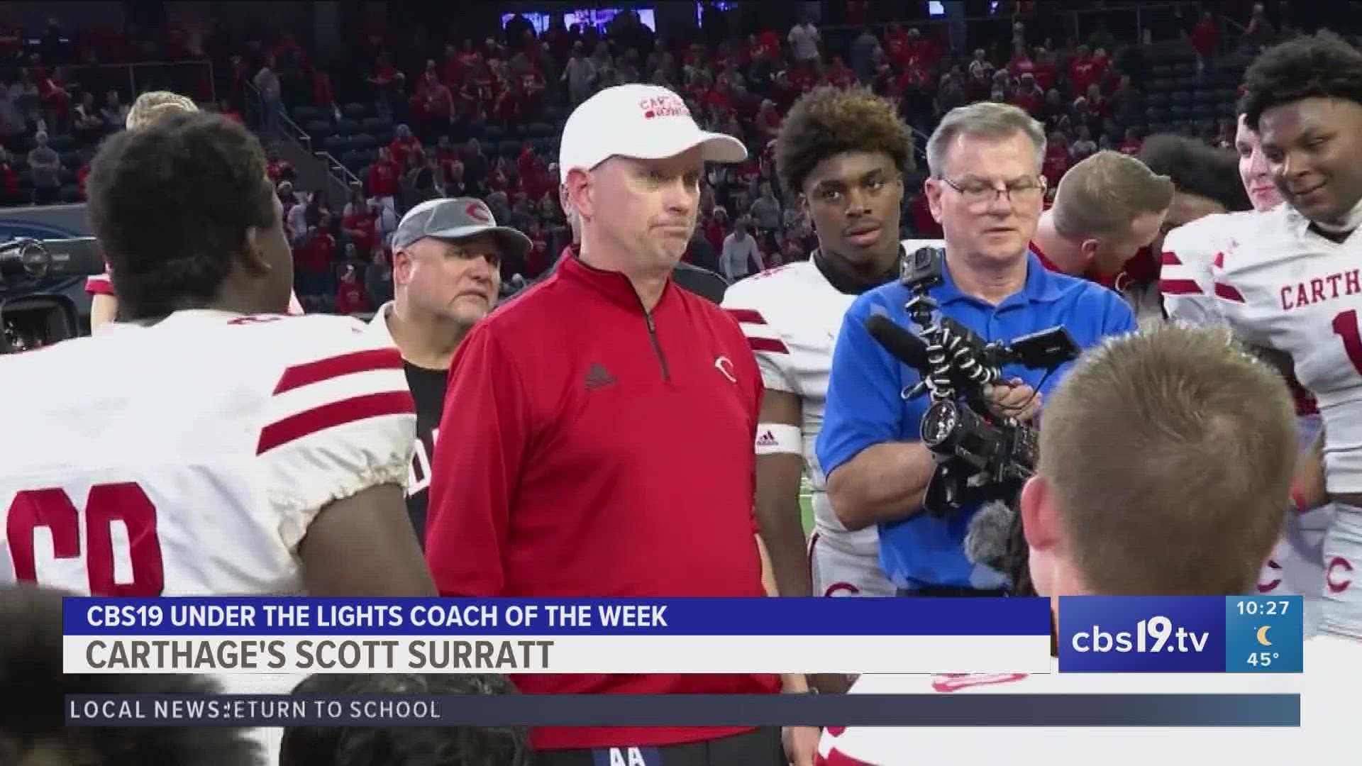 Coach Scott Surratt and his Carthage Bulldogs are headed to the state championship for the ninth time in his career, earning him Coach of the Week.