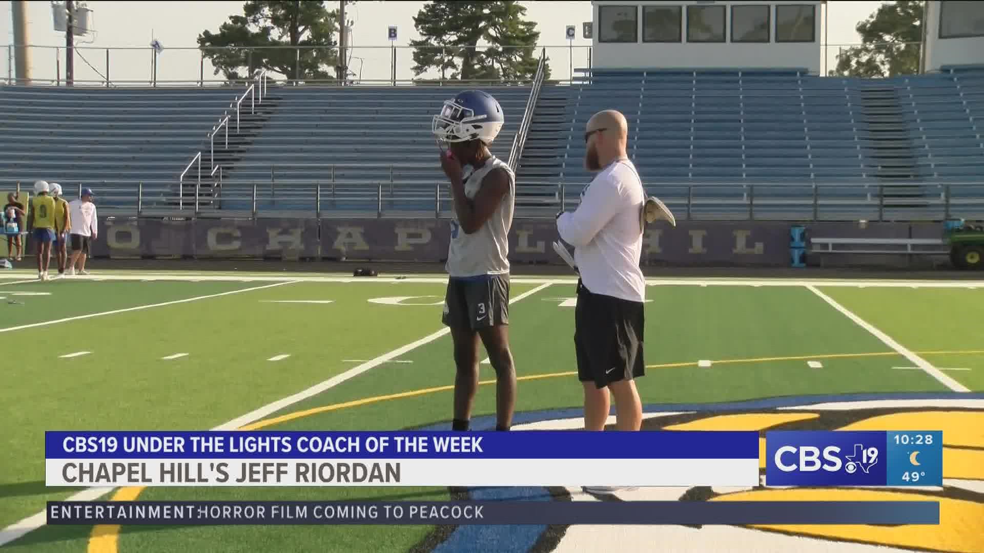 After putting up 79 points against the Lindale Eagles Friday, Chapel Hill coach, Jeff Riordan is our Under the Lights Coach of the Week