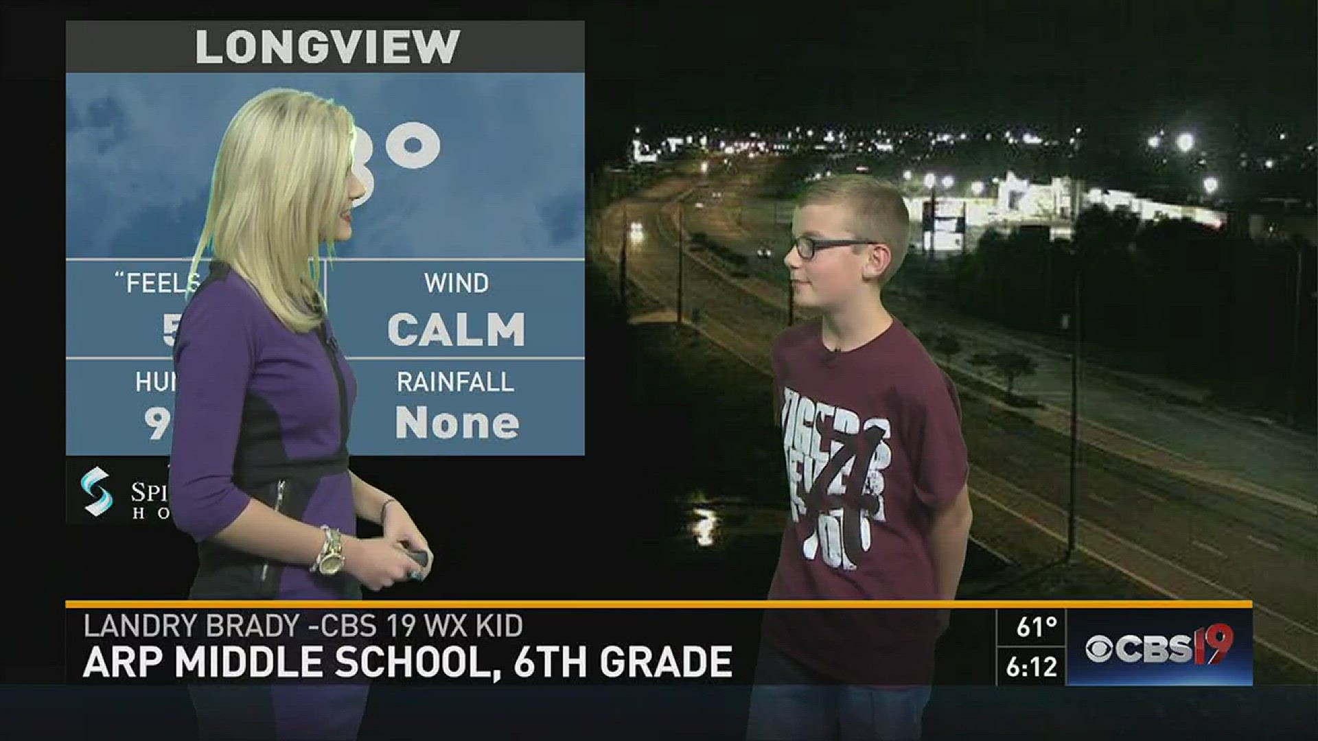 Landry Brady, an Arp middle schooler, joined the morning crew to help Ashley with the morning weather.