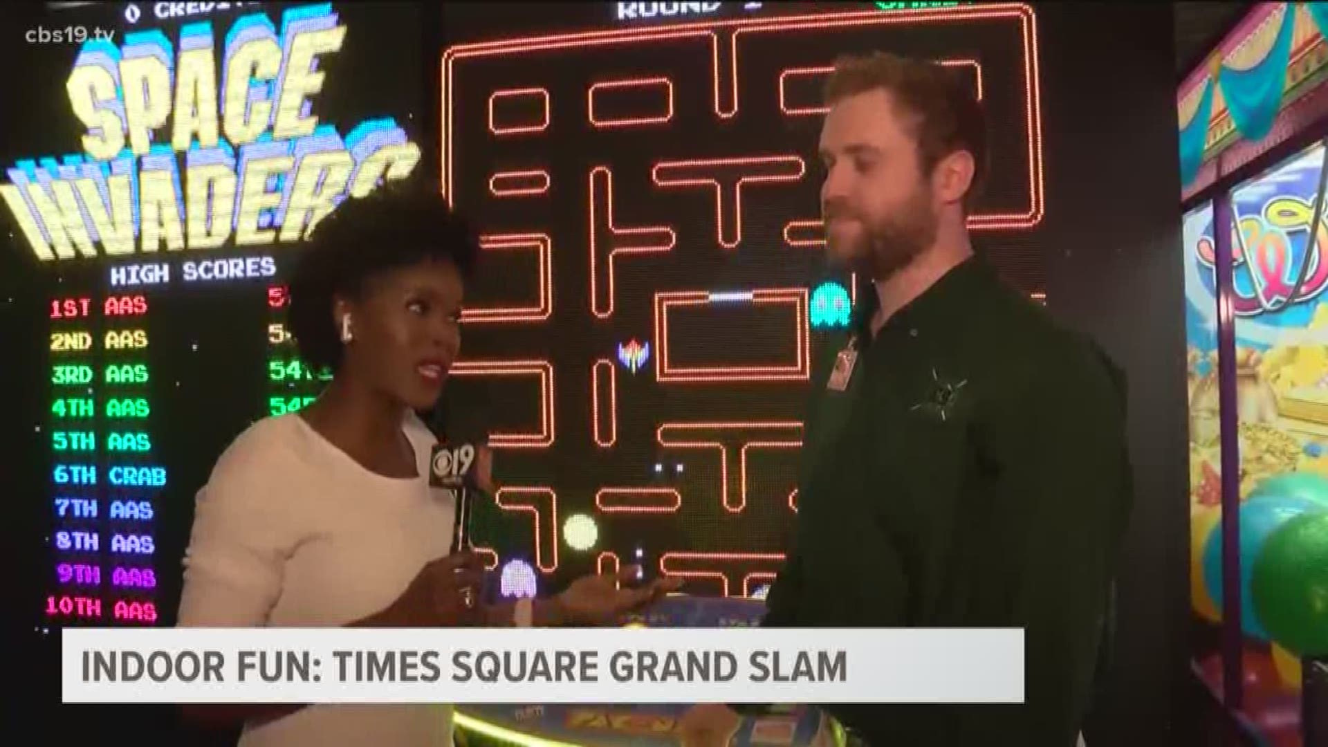 Tashara Parker tours Tyler's Time Square Grand Slam, an indoor entertainment complex with a movie theater, arcade and several attractions.