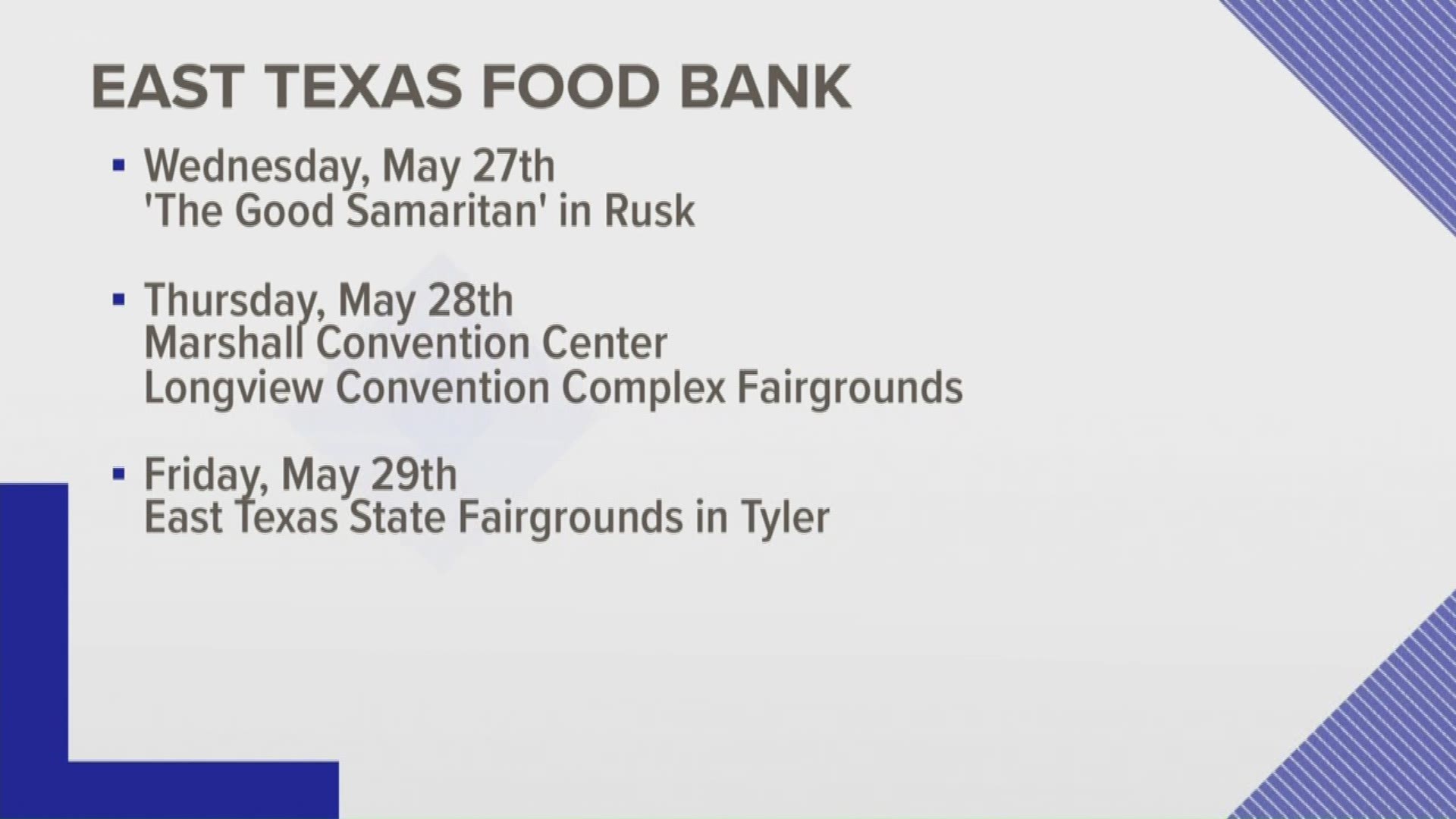 The will be four events in Tyler, Longview, Rusk and Marshall.