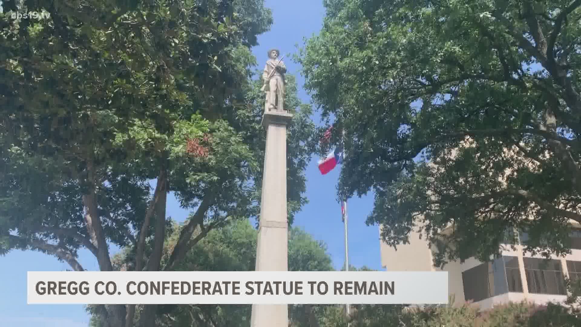 For the last 109 years, the statue’s place has been on the lawn of the Gregg County Courthouse. Inscribed on one side is a dedication to “our Confederate heroes.”