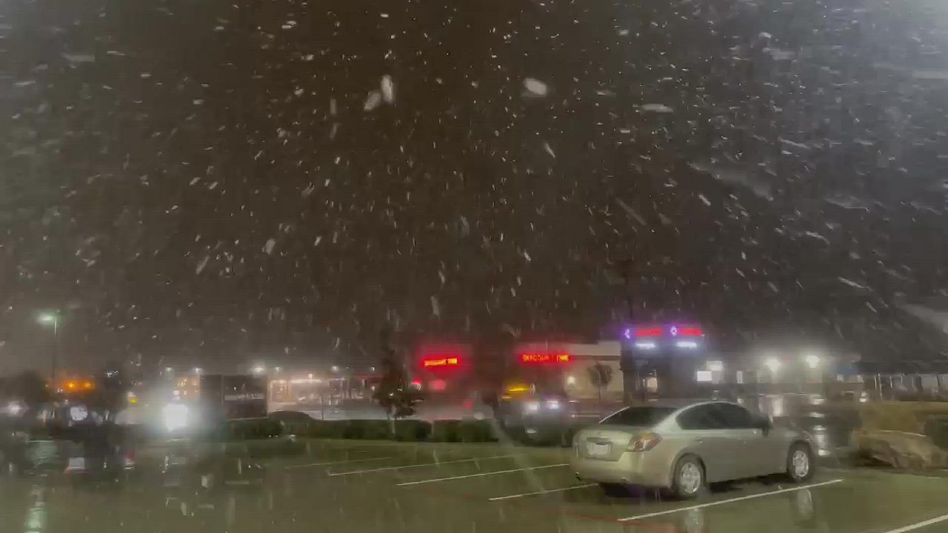CBS19's Evening Anchor Brennon Gurley captured snowflakes falling from the sky in Murphy, Texas.