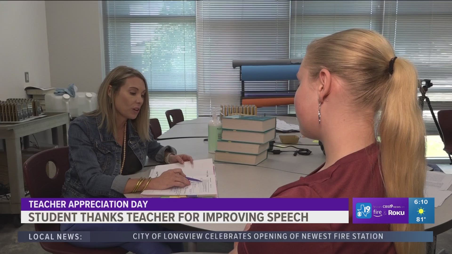 Whitehouse ISD student Madeylnn Woodruff shows appreciation to her speech pathologist teacher Stacy LaBeff for helping her find confidence in her speech imparitment.