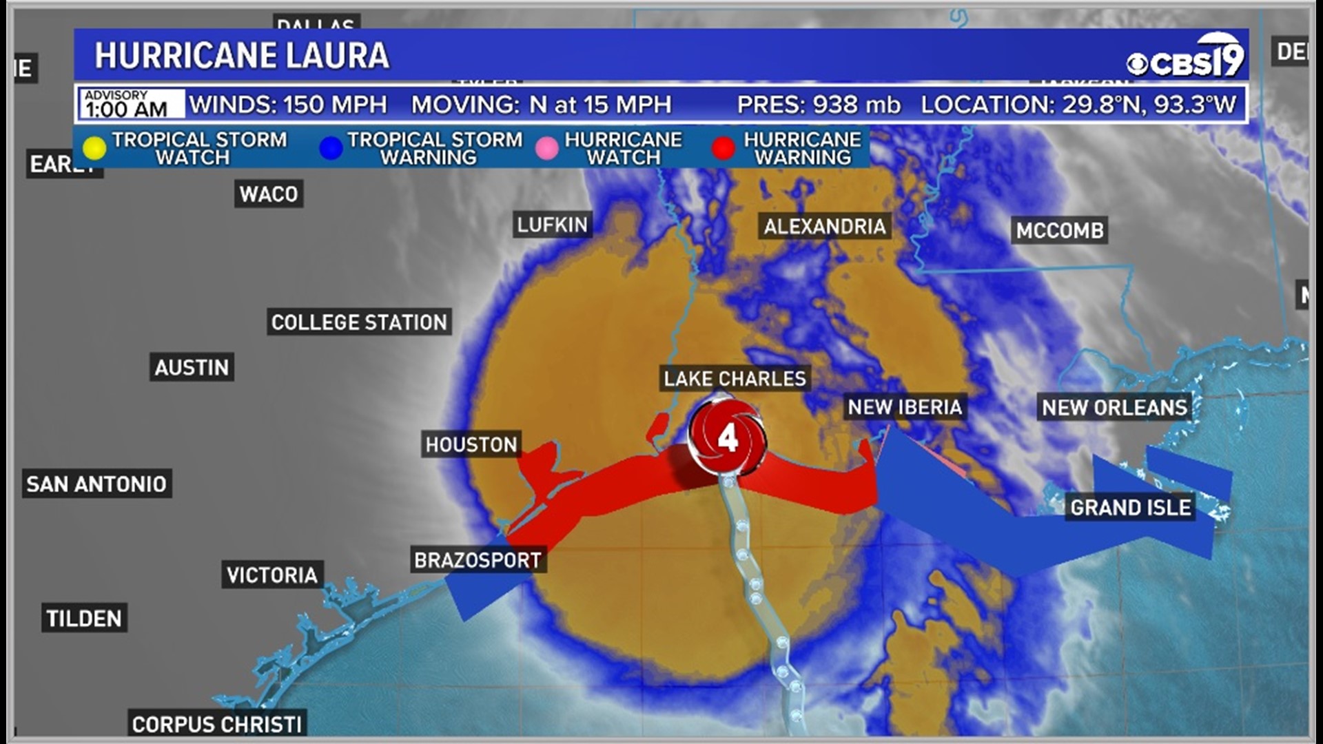 CBS19 WEATHER Hurricane Laura makes landfall with 150 MPH winds at 1 AM near Cameron, Louisiana
