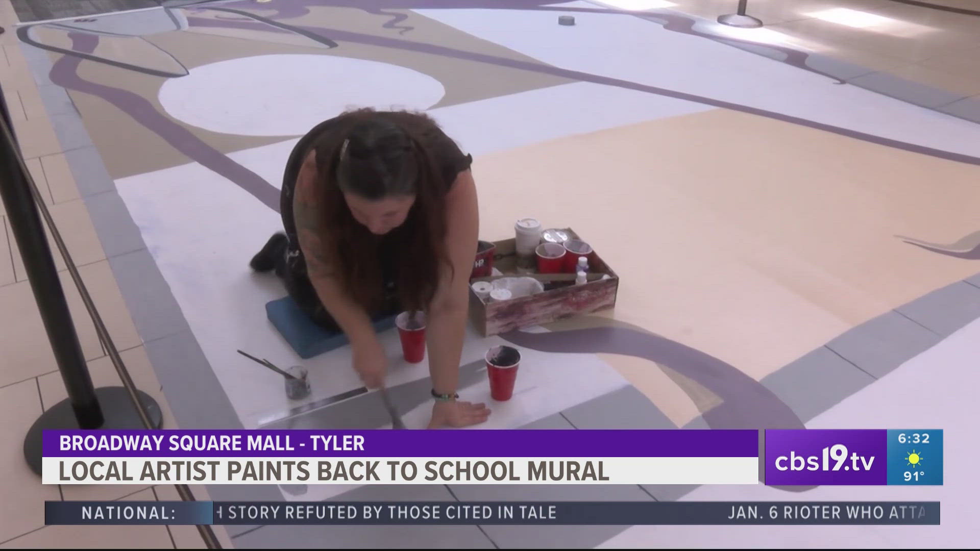 East Texas artist paints back-to-school mural in Broadway Square Mall