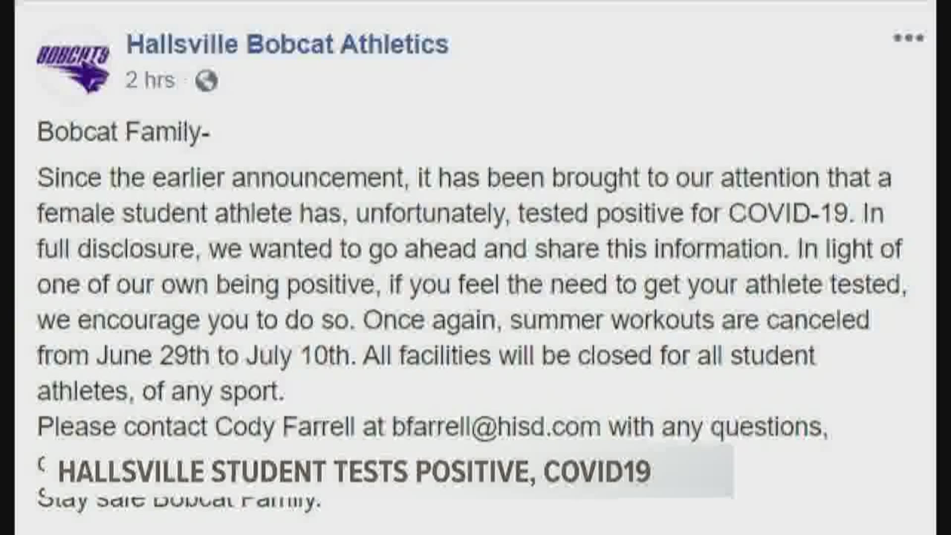 The district urges other student-athletes who may have been exposed to the virus to get tested for COVID-19.