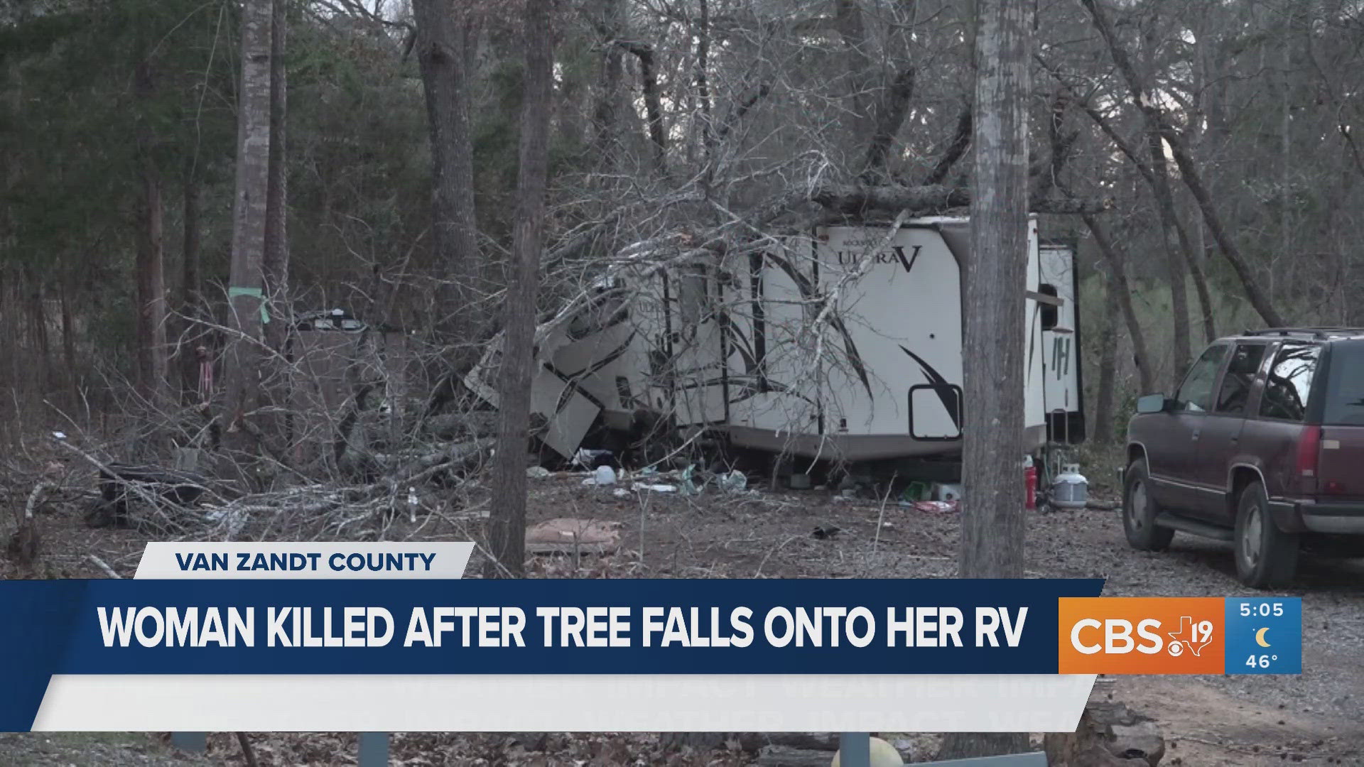 Woman killed after tree falls onto RV following severe storms | cbs19.tv