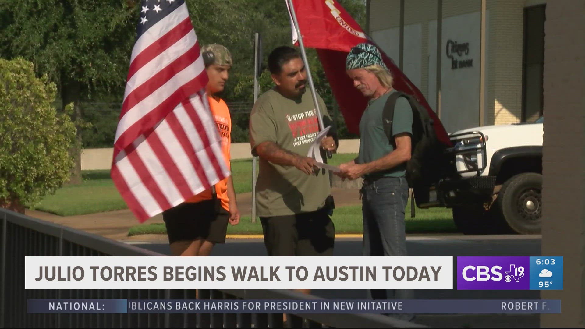 Julio Torres began his journey early Monday morning in his hometown at the Veterans Memorial in Rusk.