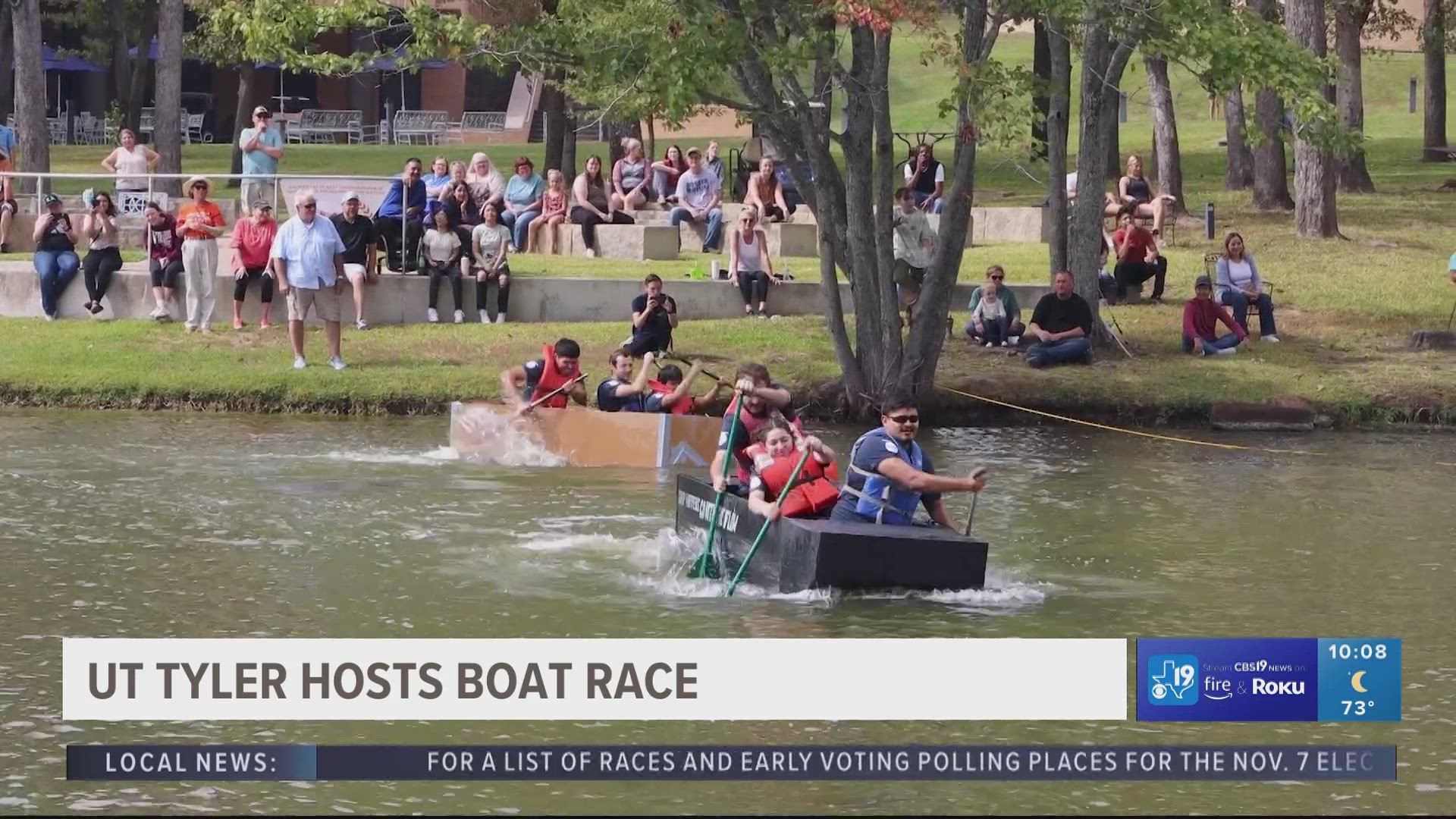 UT Tyler engineering students constructed boats made out of duct tape, spray paint and cardboard putting their skills to the test at Harvey Lake.