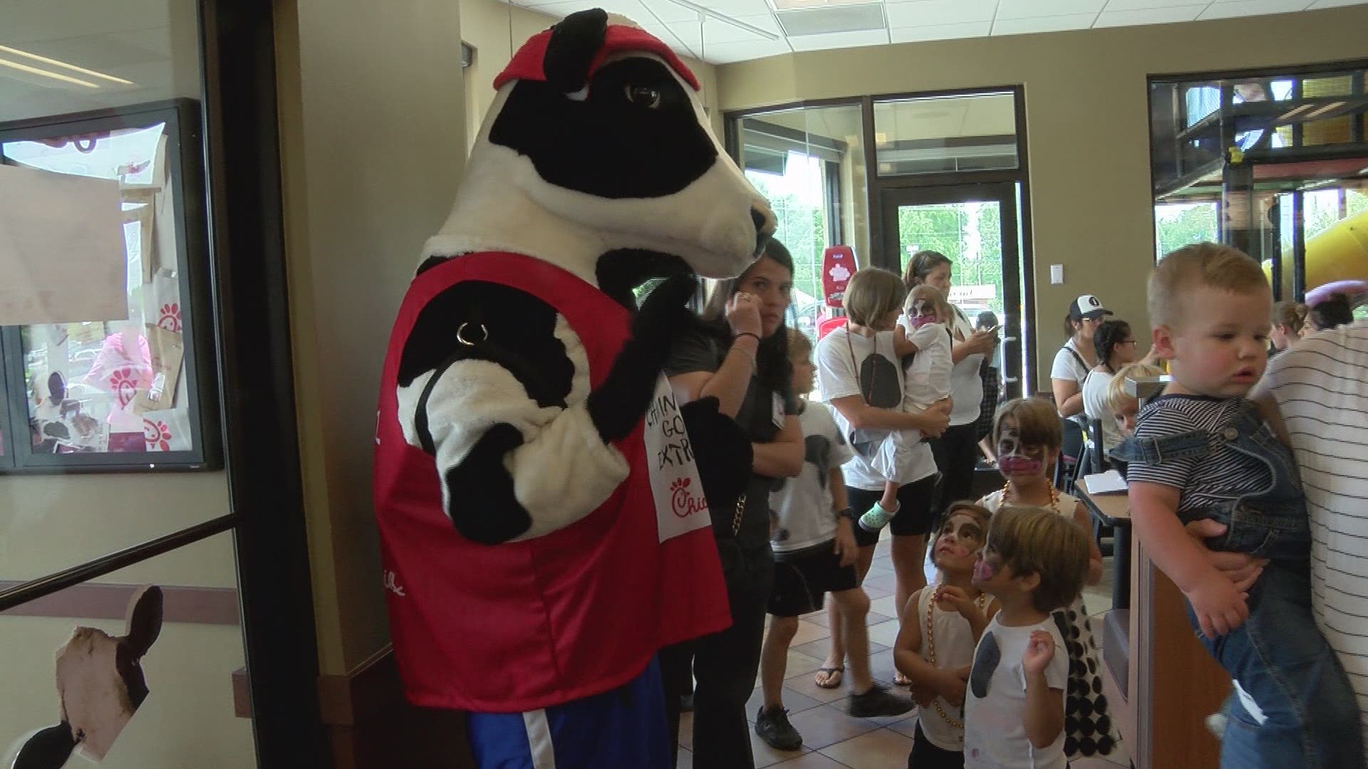 The chicken chain 'Chick-fil-A' offered a free entrée to anyone dressed in cow attire today, whether it's "head-to-hoof," or simply sporting a cow-spotted accessory, like a purse or hat.
 children can get a free kid's meal for dressing up.